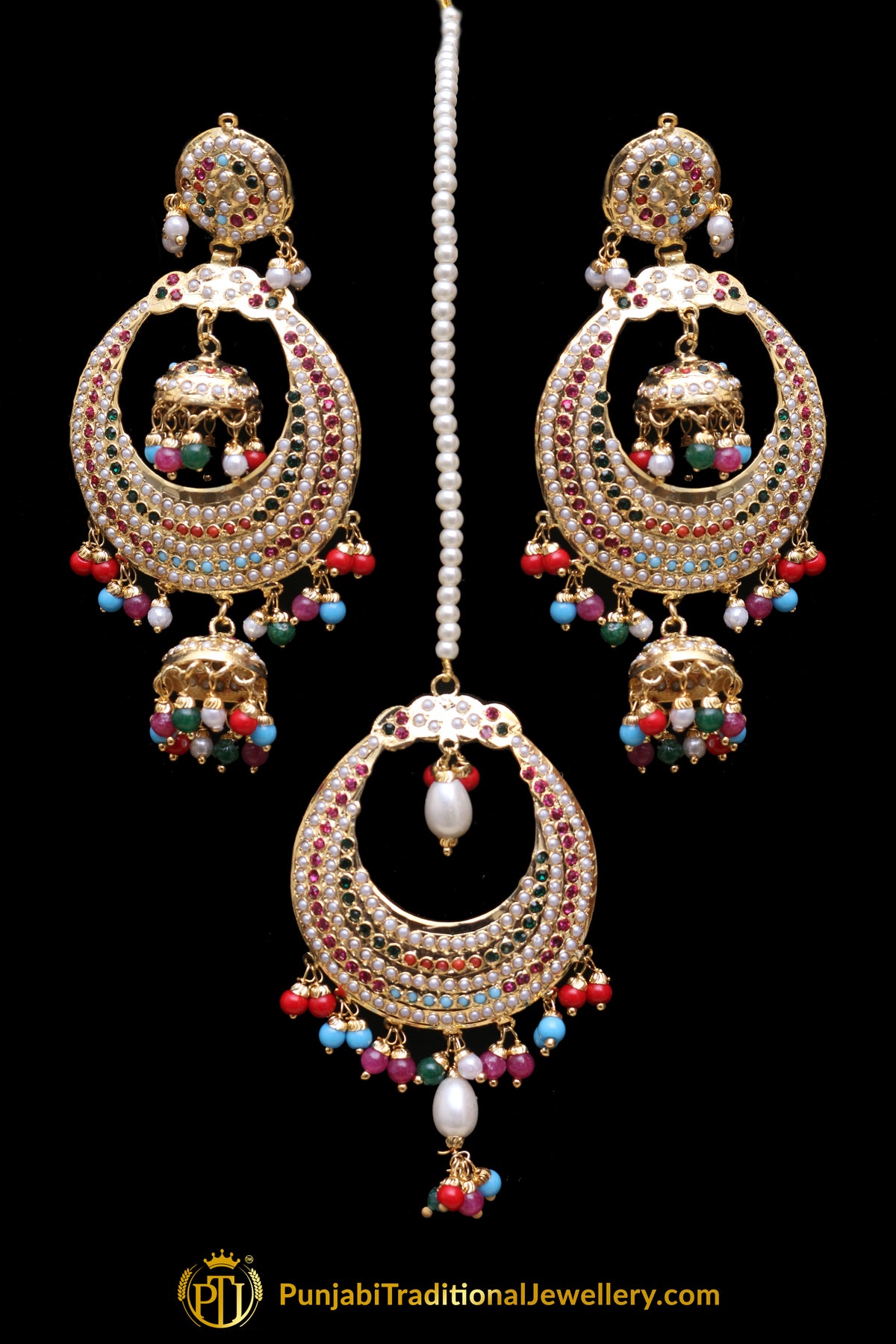 Multi Jadau Pearl Earring Tikka Set By Punjabi Traditional Jewellery