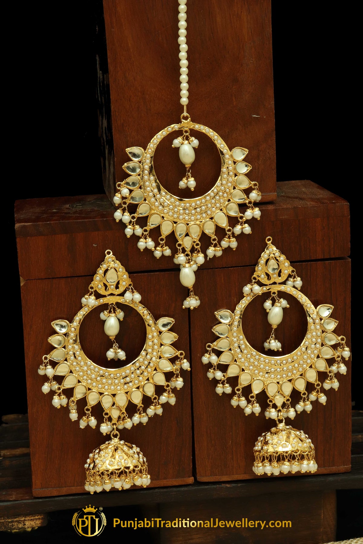 Golden Jadau Pearl Earring Tikka Set By Punjabi Traditional Jewellery