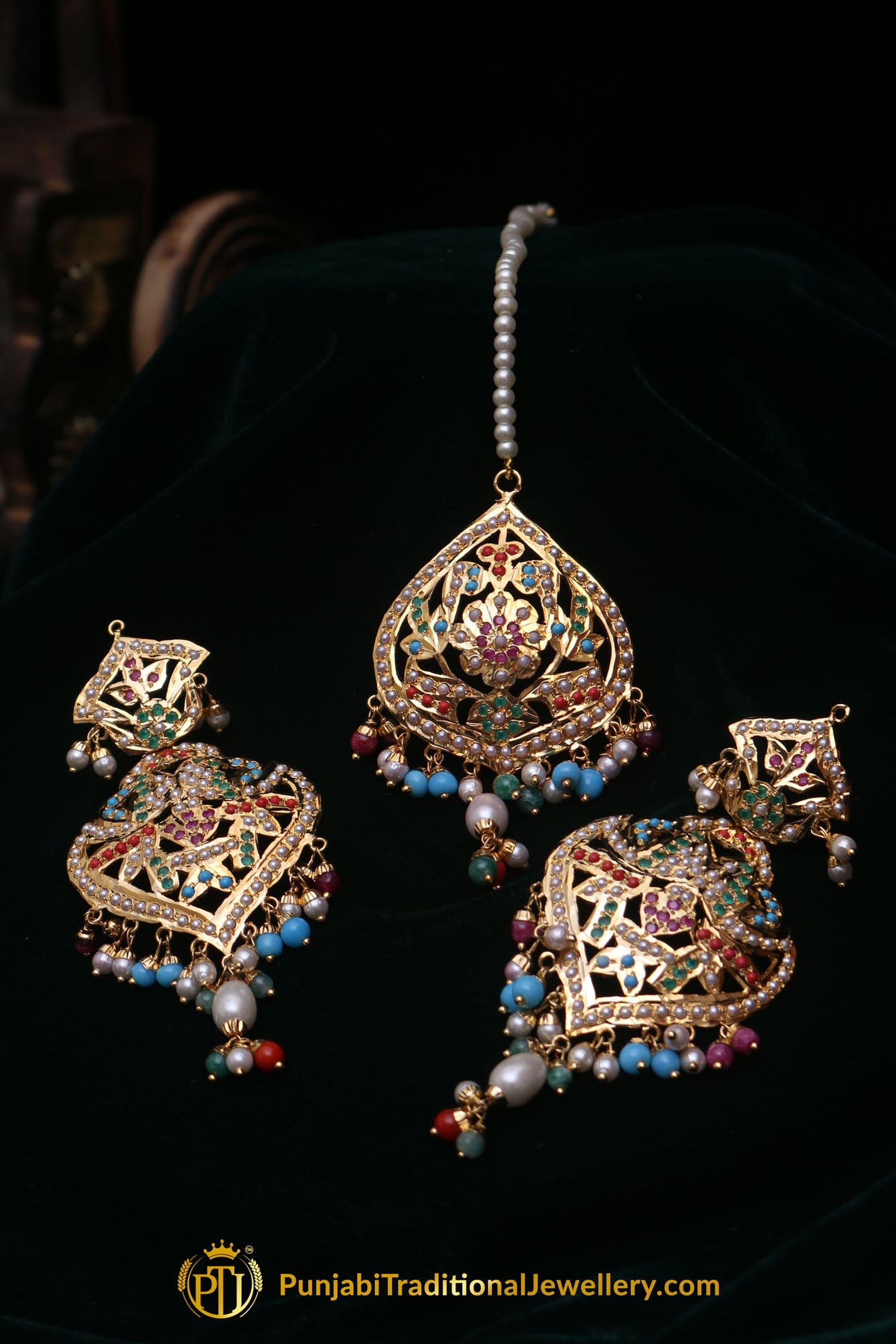 Multi Jadau Pearl Earring Tikka Set By Punjabi Traditional Jewellery