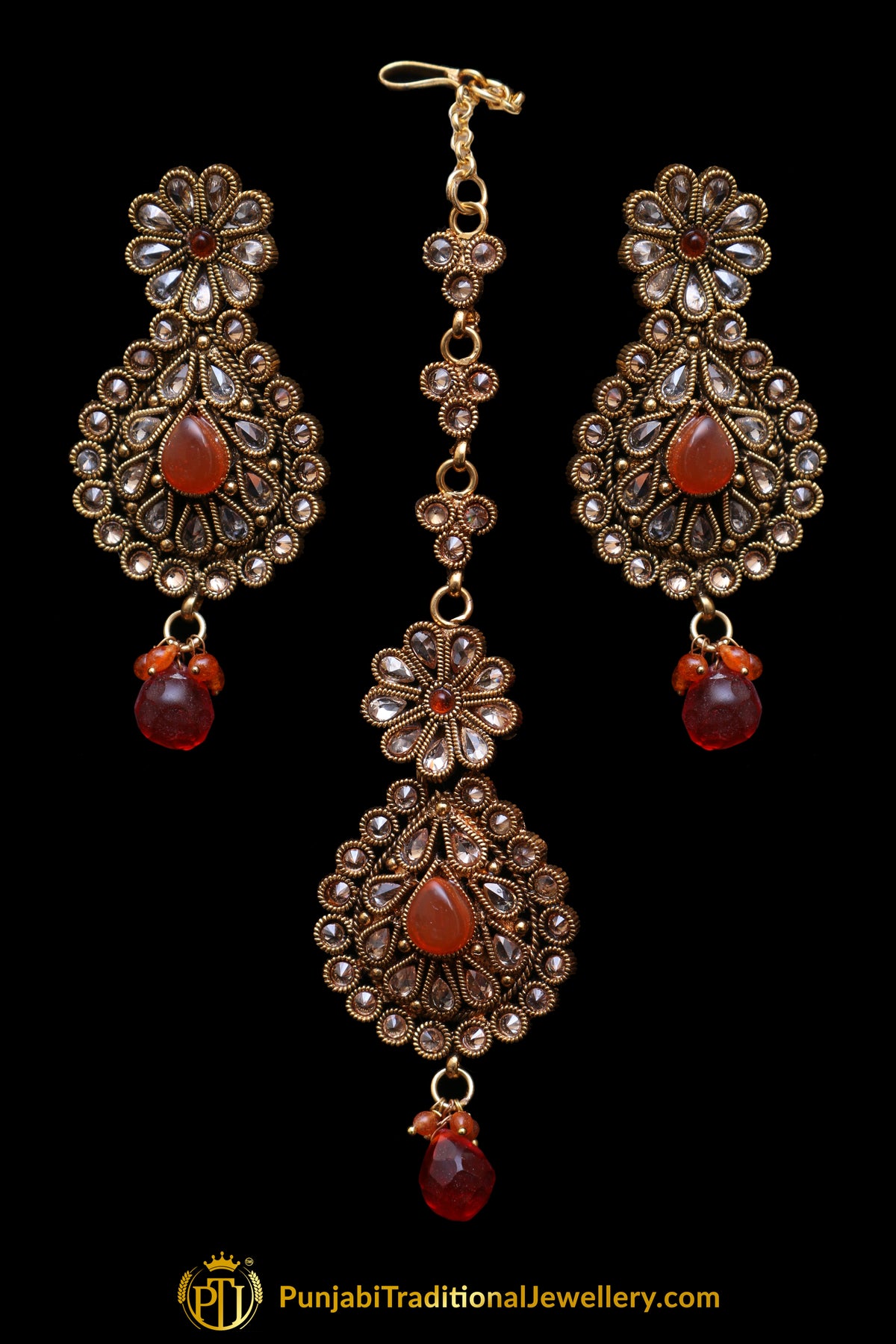 Champagne Stone Orange Earring Tikka Set By Punjabi Traditional Jewellery