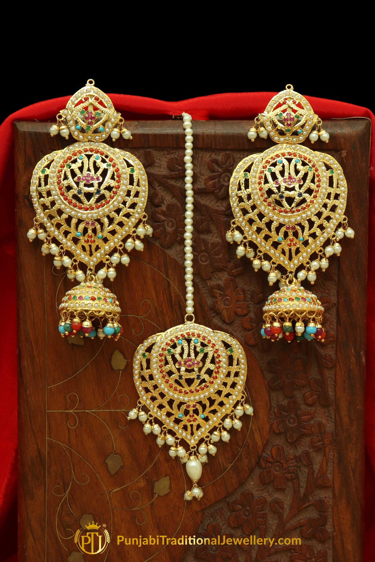 Multi Jadau Earrings Tikka Set By Punjabi Traditional Jewellery