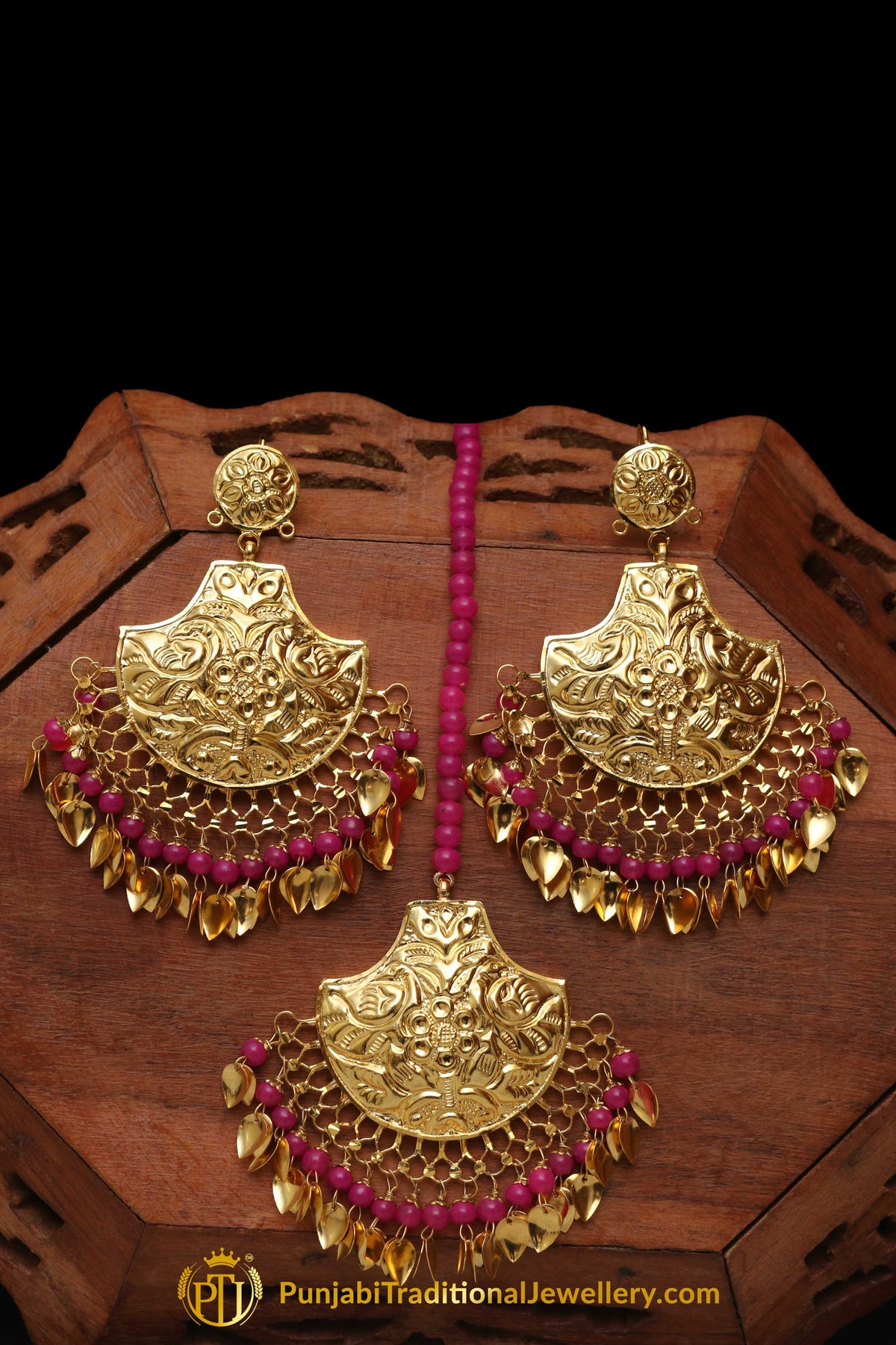 Pink Pippal Patti Earring Tikka Set By Punjabi Traditional Jewellery