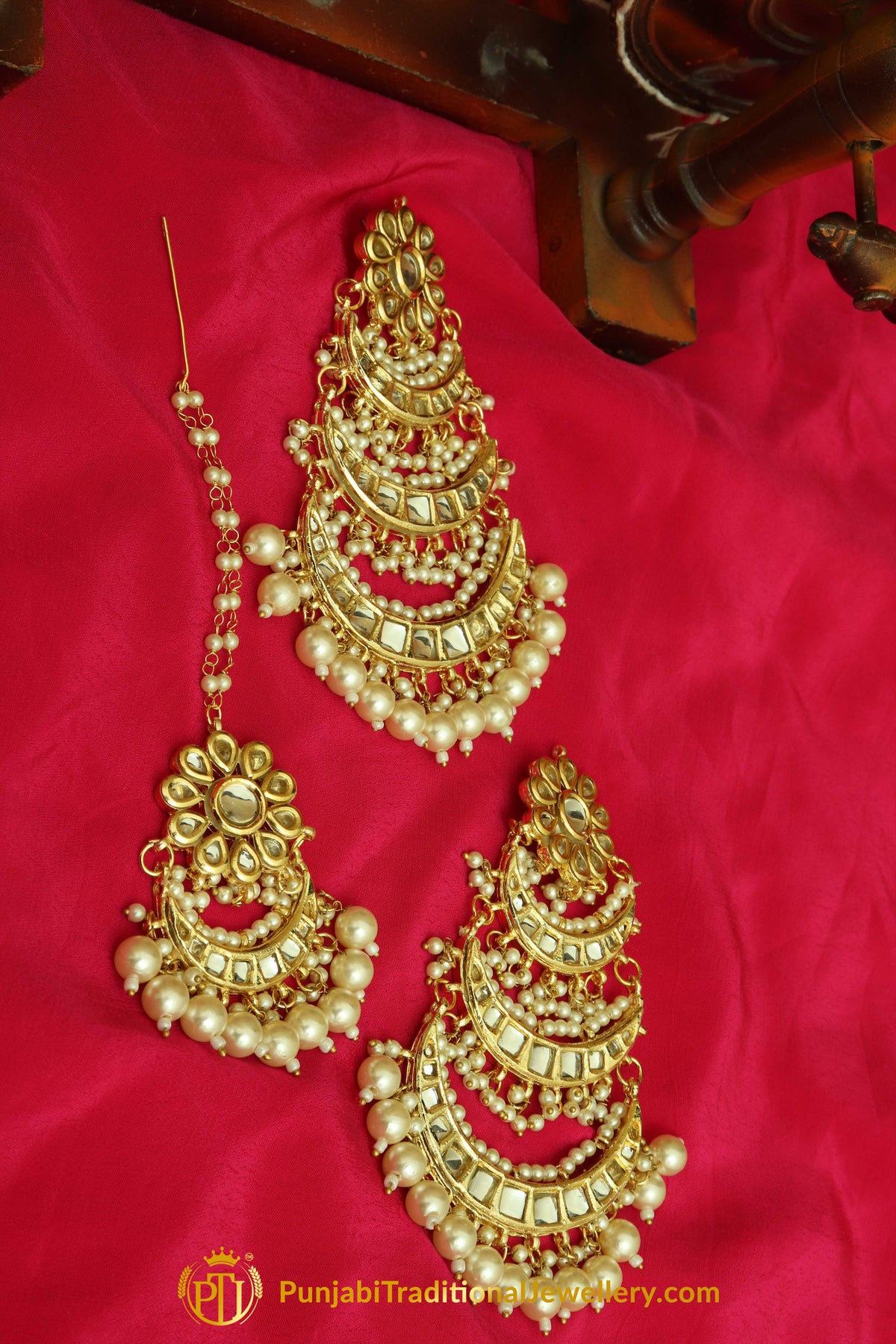 Golden Kundan Earring Tikka Set By Punjabi Traditional Jewellery