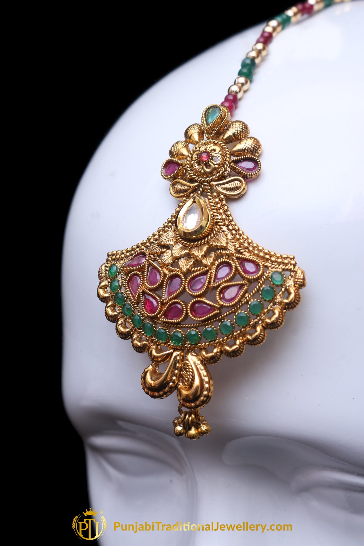 Green Maroon Polki Earring Tikka Set By Punjabi Traditional Jewellery