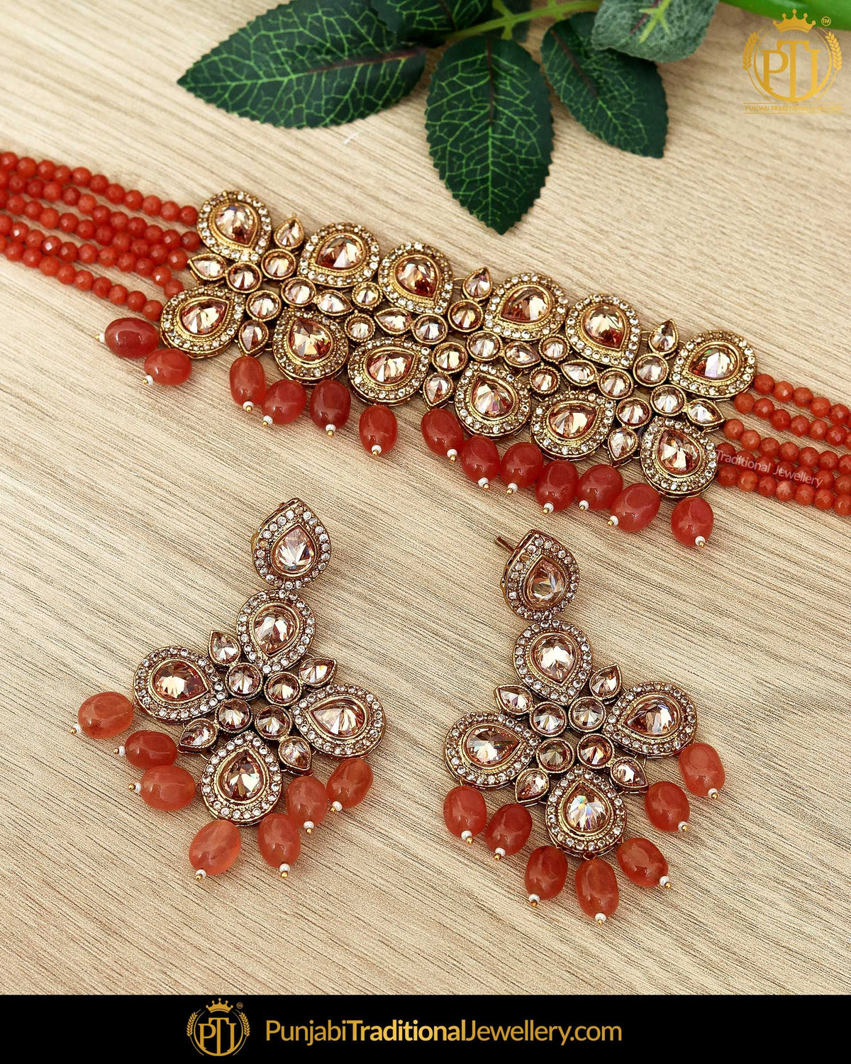 Antique Gold Finished Oragne Reverse AD Choker Necklace Set | Punjabi Traditional Jewellery Exclusive