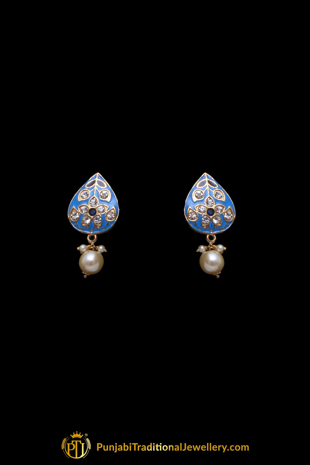 Blue Kundan Pearl Choker Necklace Set By Punjabi Traditional Jewellery