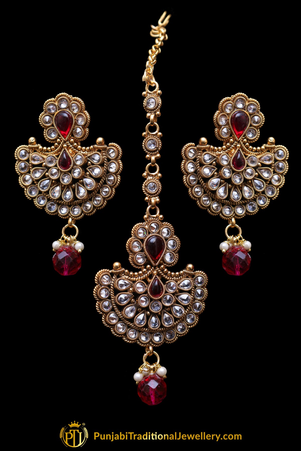 Red Polki Earring Tikka Set By Punjabi Traditional Jewellery