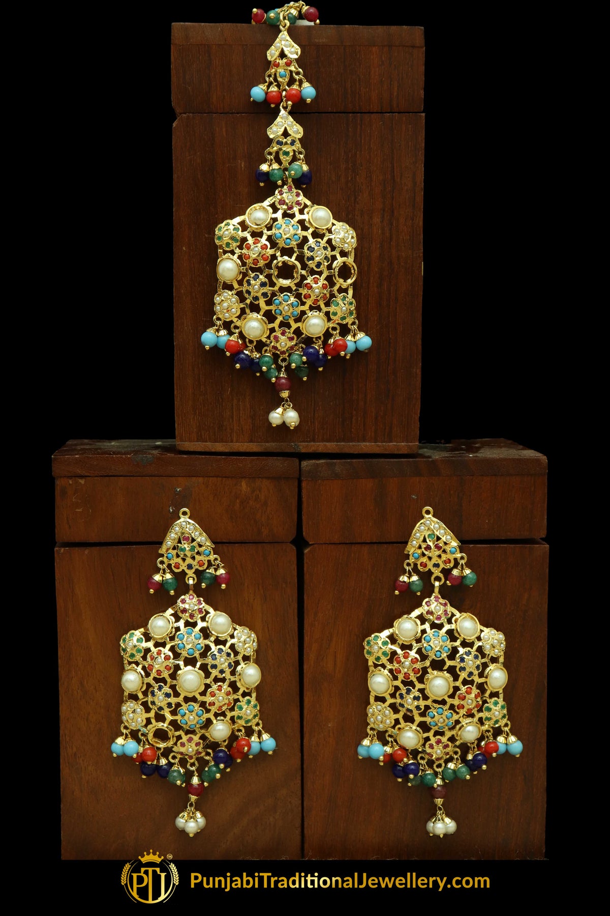 Gold Finished Navratan Jadau Earring Tikka Set By Punjabi Traditional Jewellery