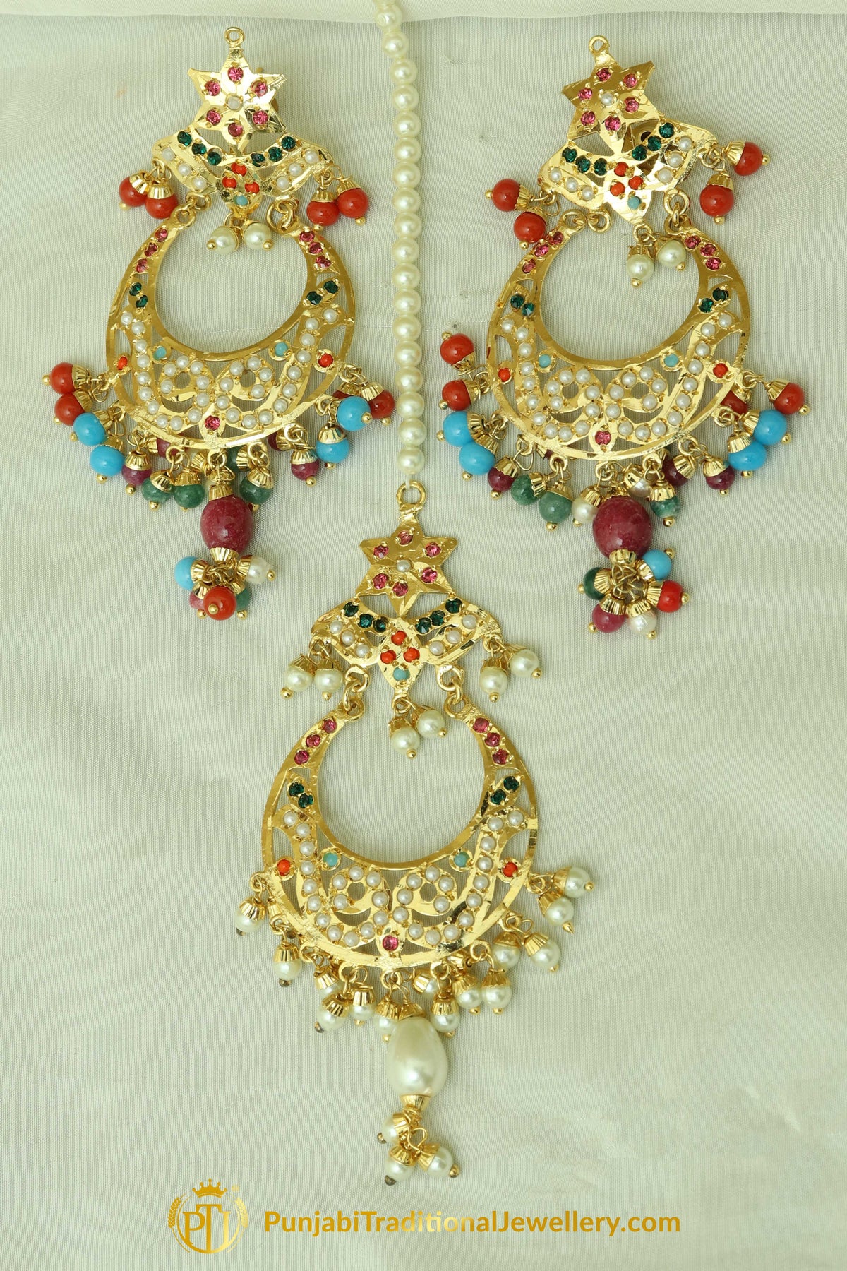 Gold Finished Navratan Jadau Earring Tikka Set By Punjabi Traditional Jewellery