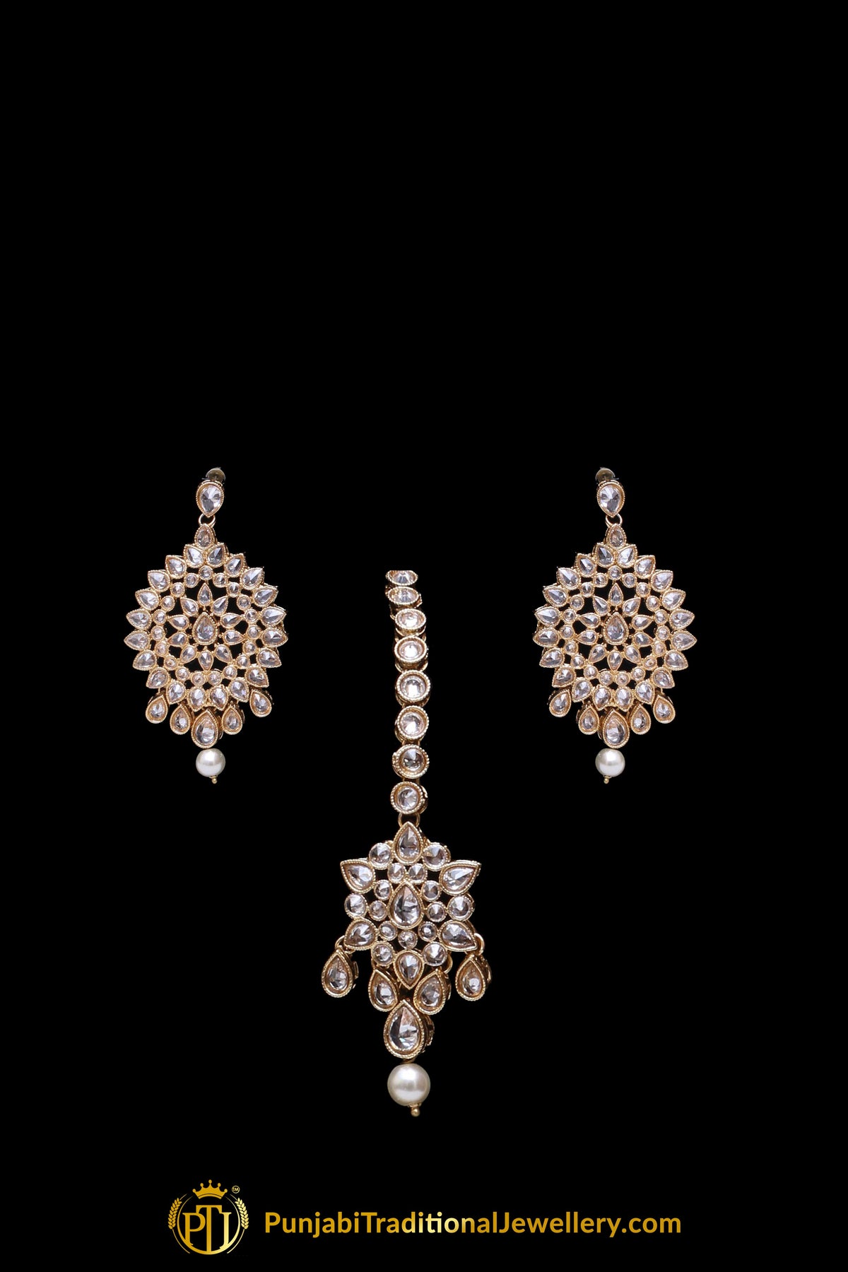 Golden Champagne Stone Pearl Necklace Set By Punjabi Traditional Jewellery