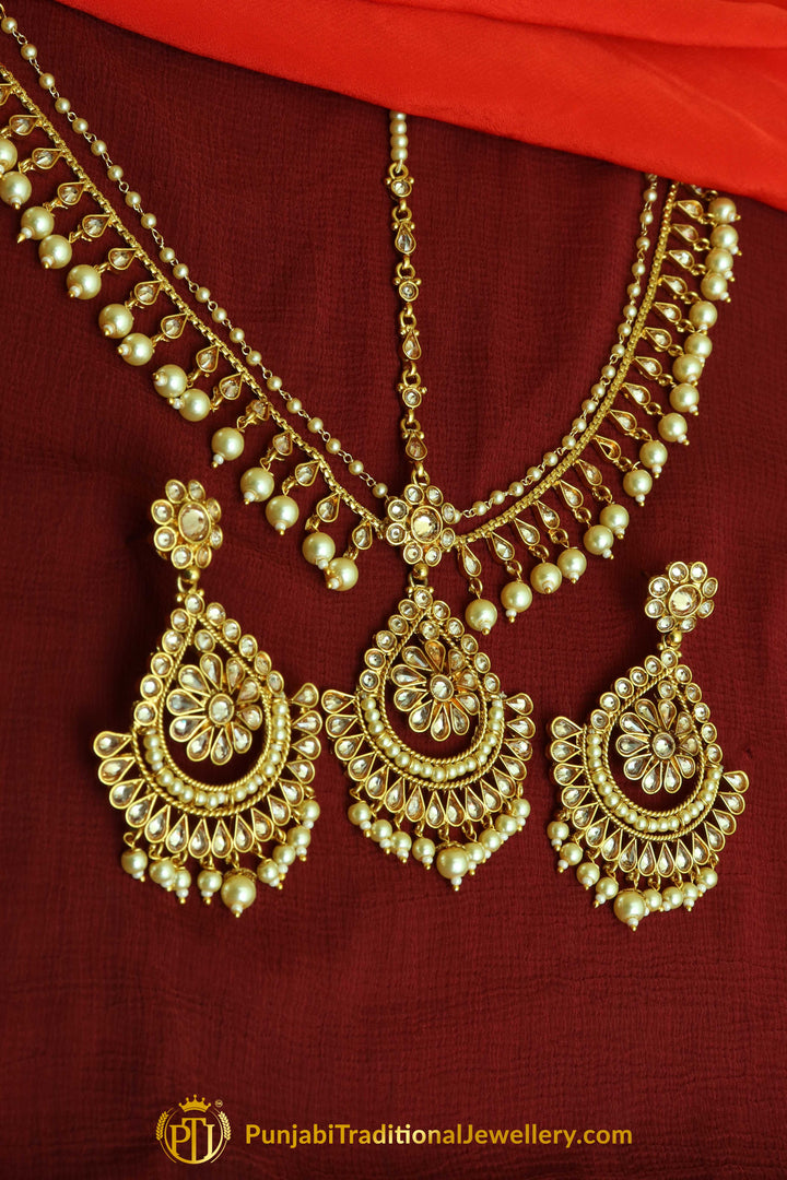 Golden Polki Matha Patti Earrings By Punjabi Traditional Jewellery