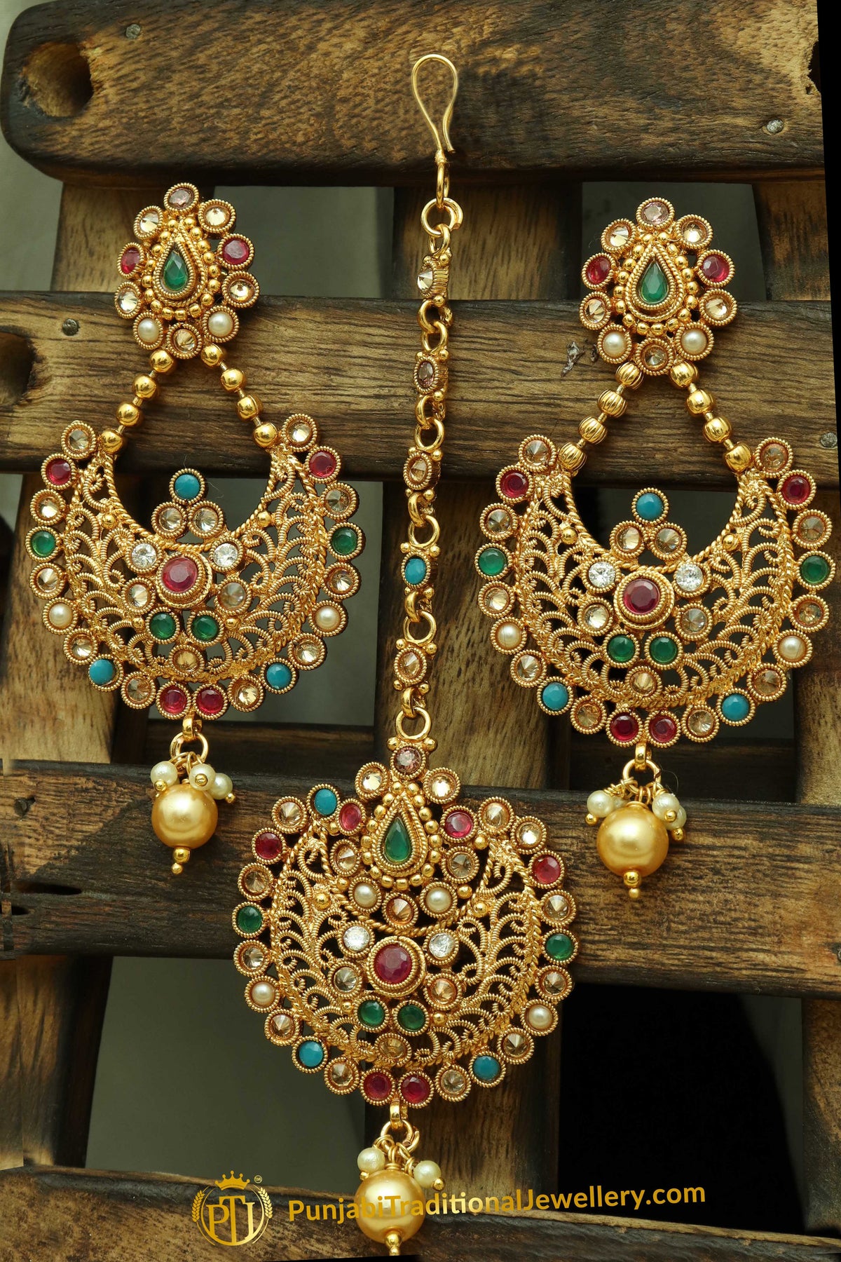 Multi Polki Earrings Tikka Set By Punjabi Traditional Jewellery