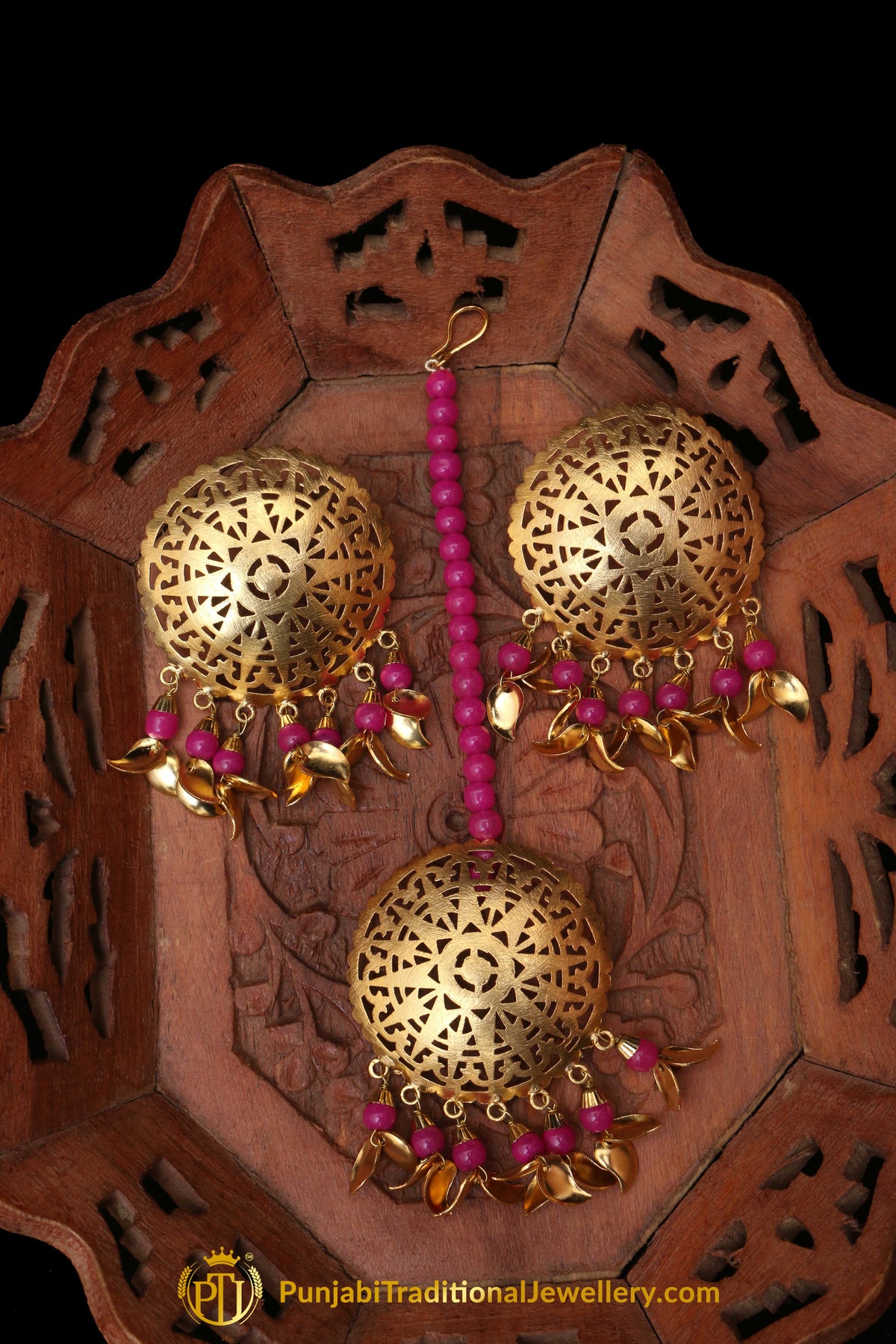 Pink Pippal Patti Sutd Earrings & Tikka Set By Punjabi Traditional Jewellery