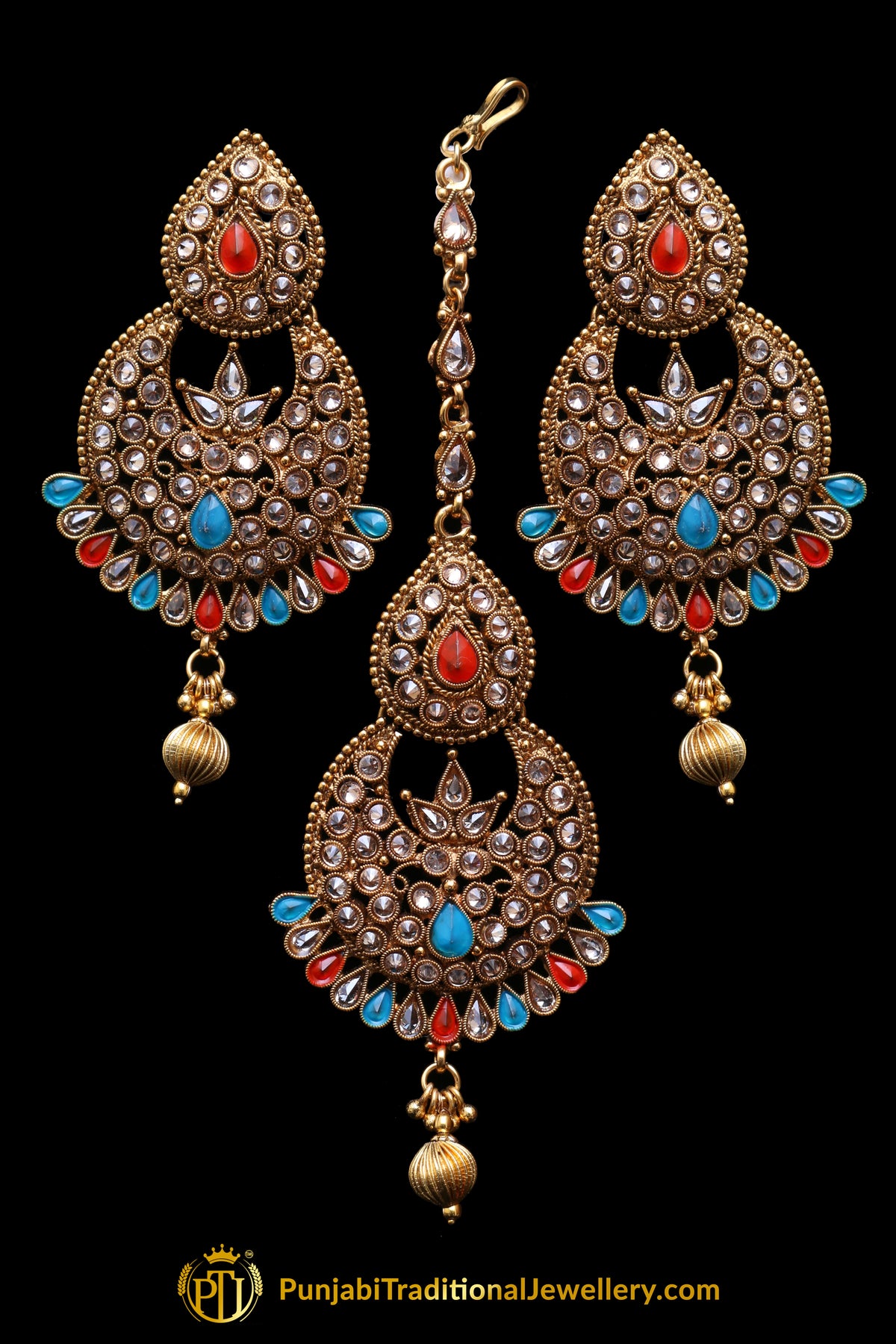 Multi Polki Earring Tikka Set By Punjabi Traditional Jewellery