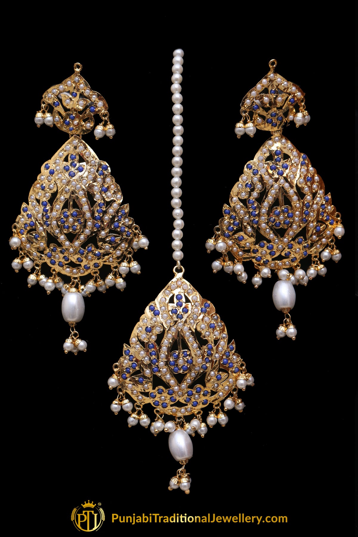 Blue Jadau Pearl Earring Tikka Set By Punjabi Traditional Jewellery