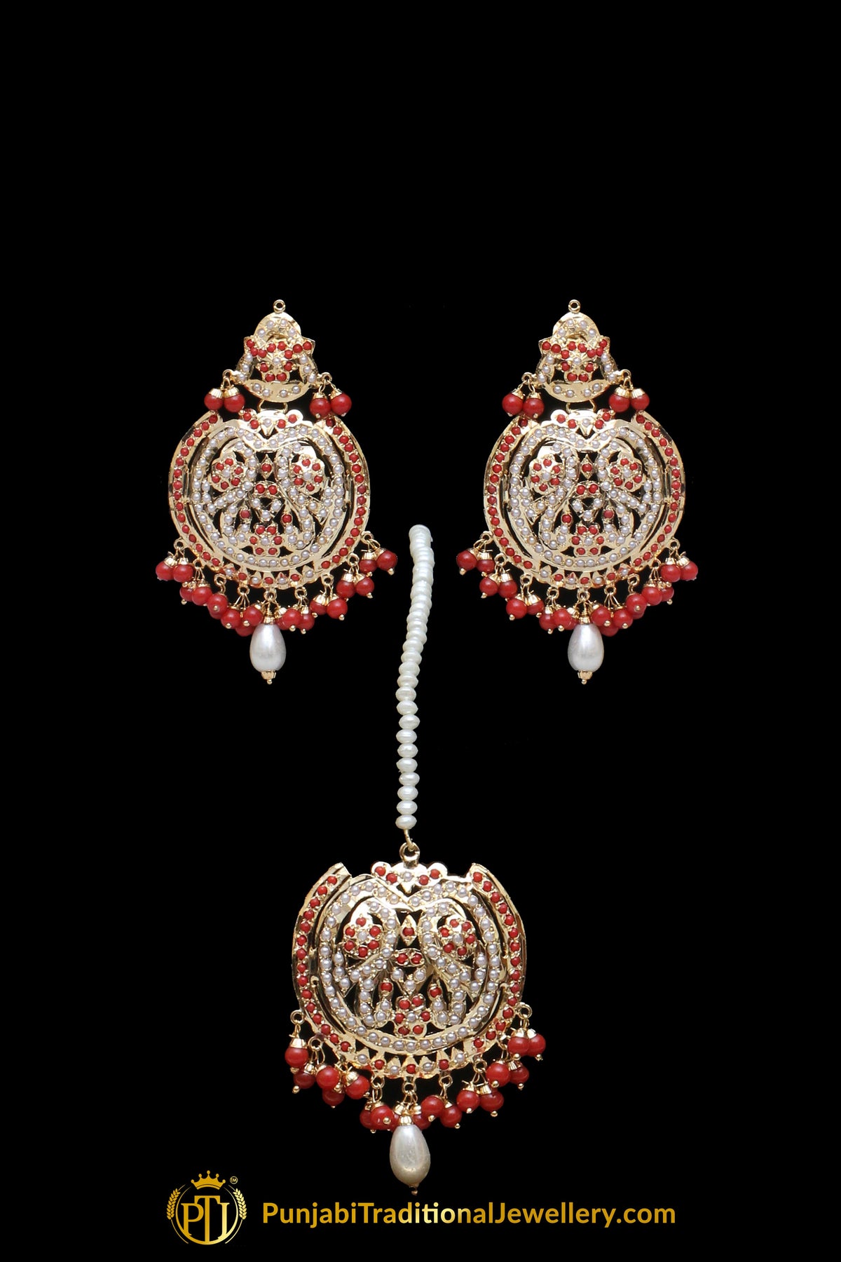 Red Pearl Jadau Necklace Set By Punjabi Traditional Jewellery