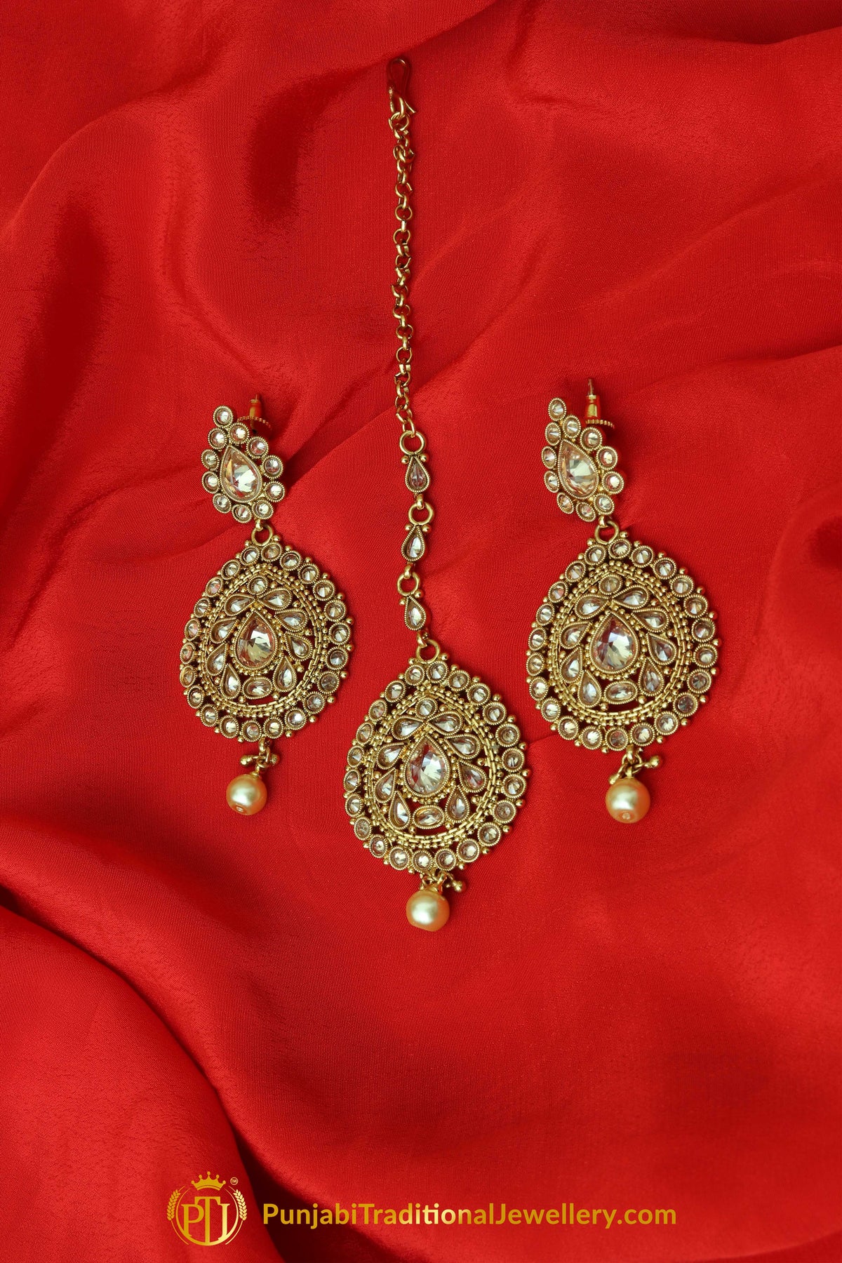Golden Polki Earrings Tikka Set By Punjabi Traditional Jewellery