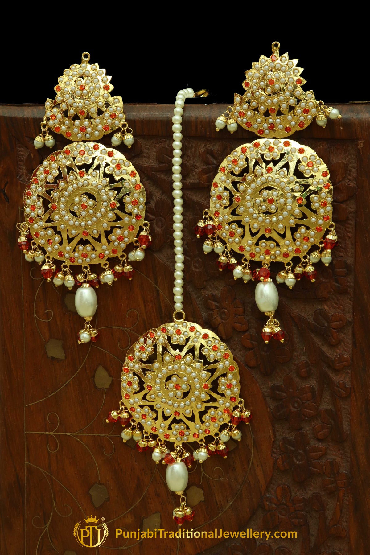 Gold Finished Rubby Jadau Earring Tikka Set By Punjabi Traditional Jewellery