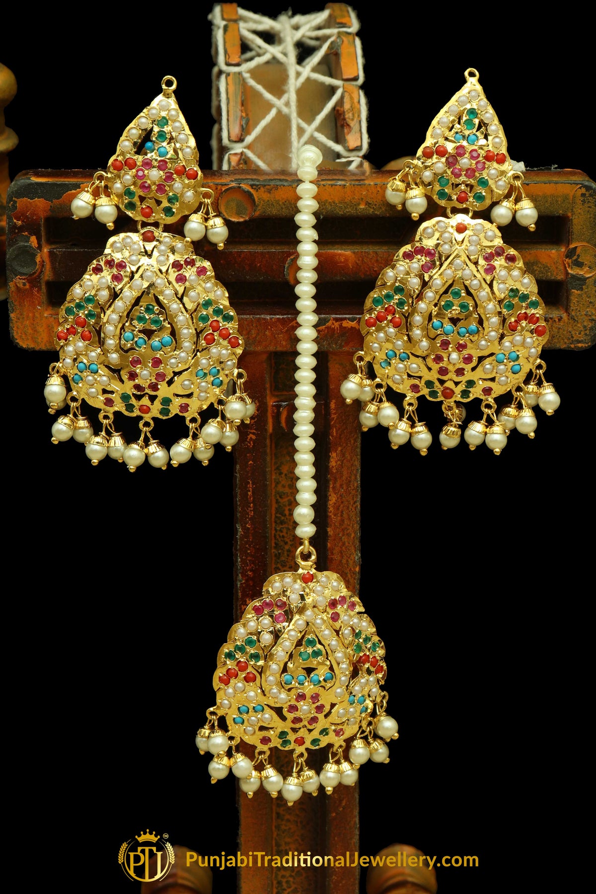 Gold Finished Navratan Jadau Earring Tikka Set By Punjabi Traditional Jewellery