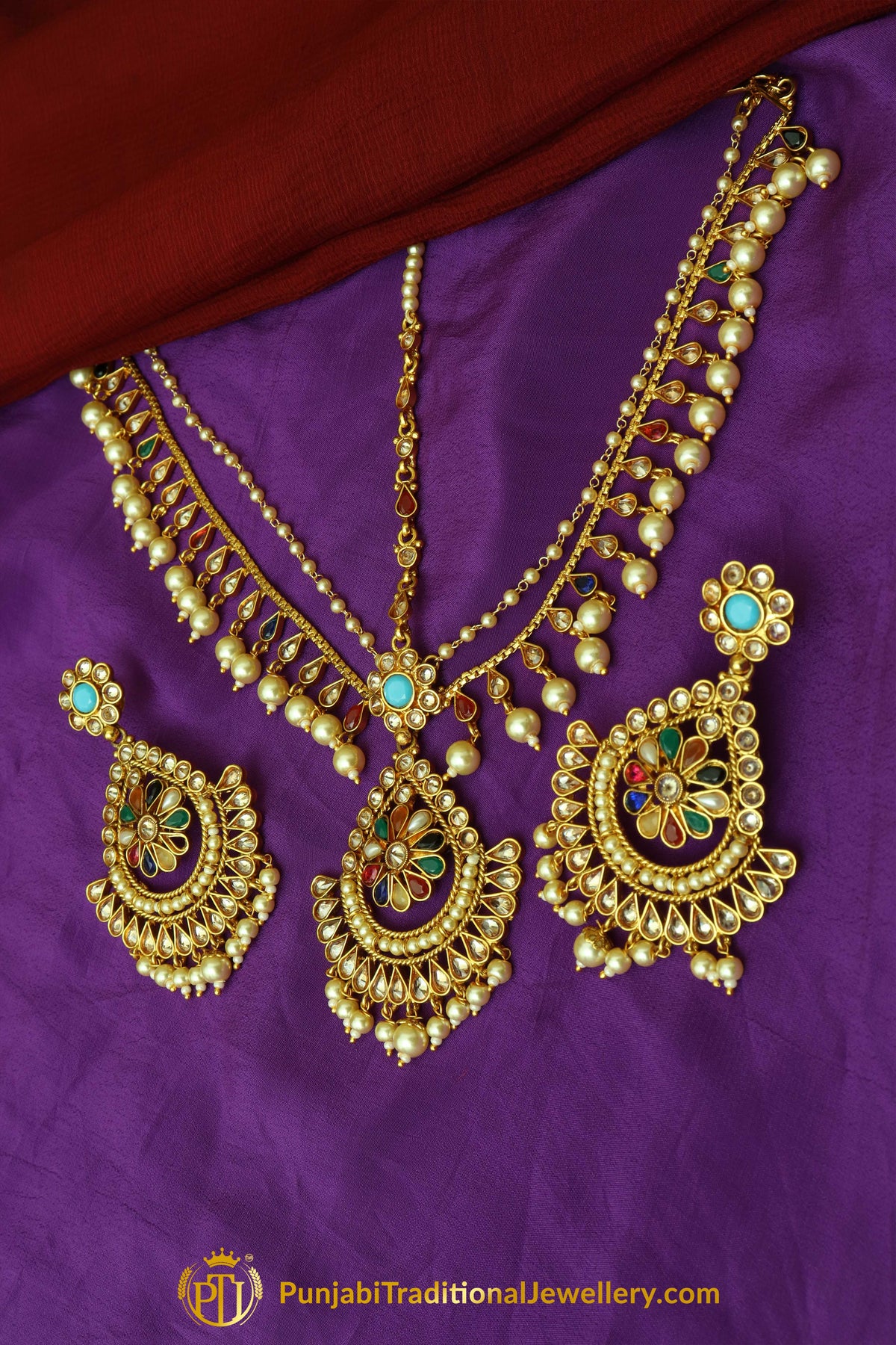 Multi Polki Matha Patti Earrings By Punjabi Traditional Jewellery