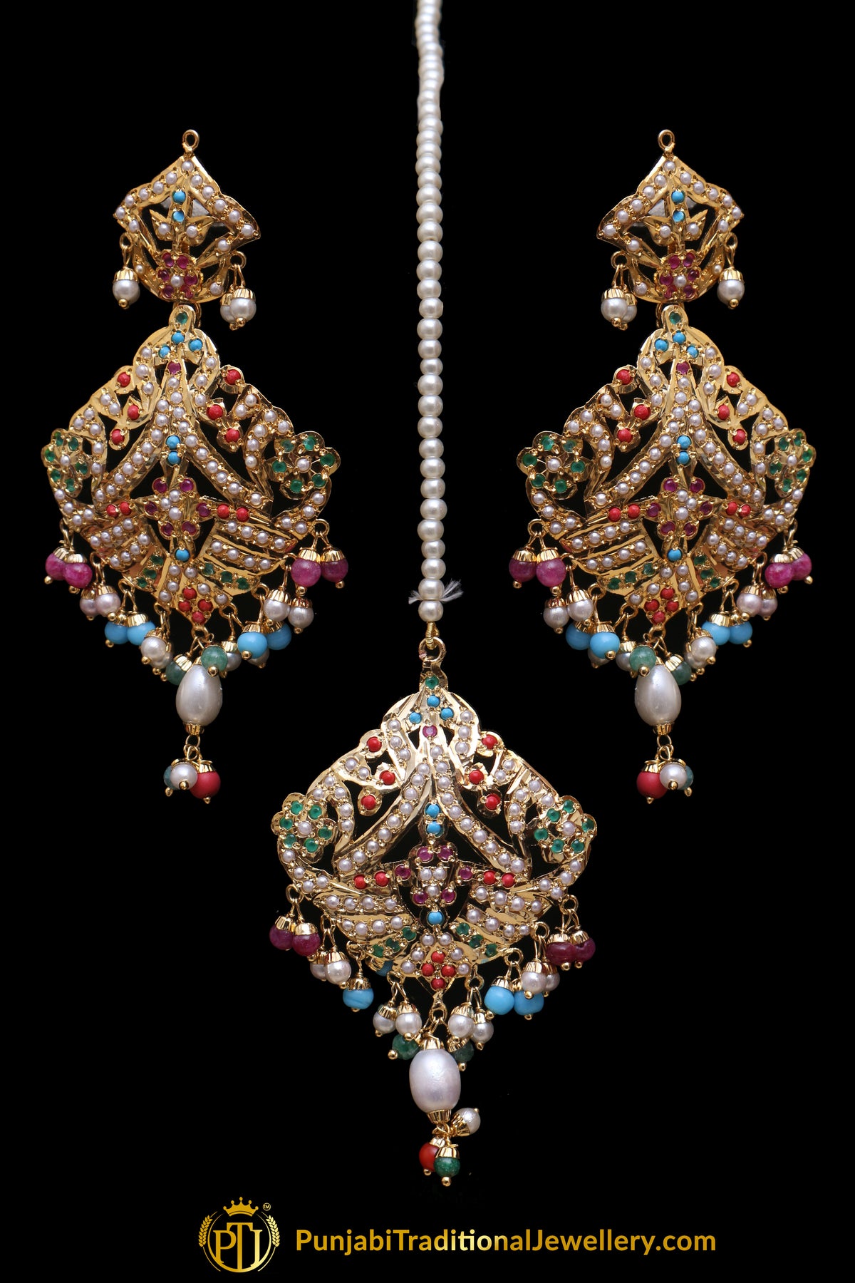 Multi Jadau Pearl Earring Tikka Set By Punjabi Traditional Jewellery