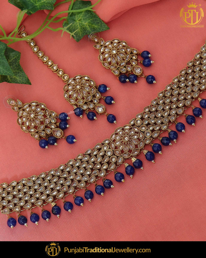 Gold Finished Blue Chamapgne Stone Pearl Choker Necklace Set | Punjabi Traditional Jewellery Exclusive