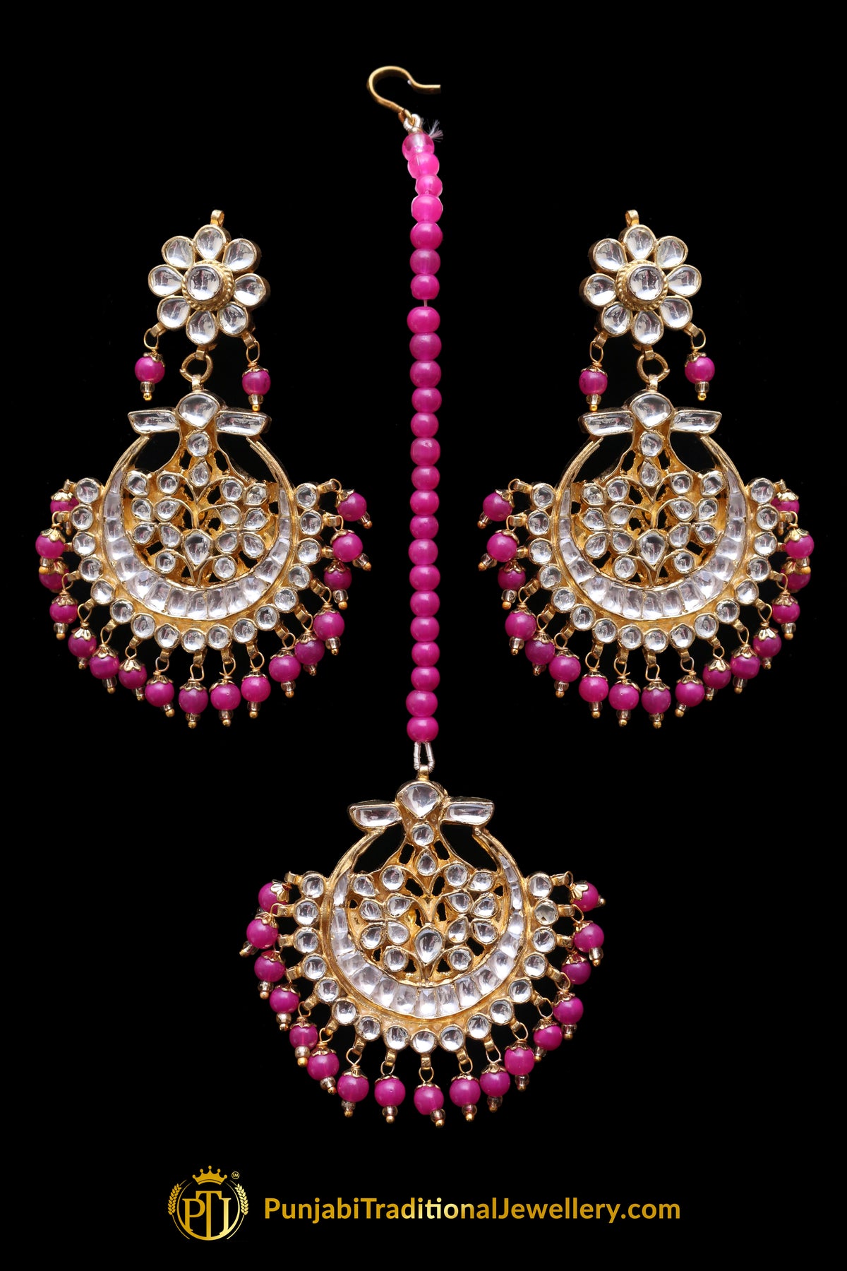 Pink Kundan Pearl Earring Tikka Set By Punjabi Traditional Jewellery