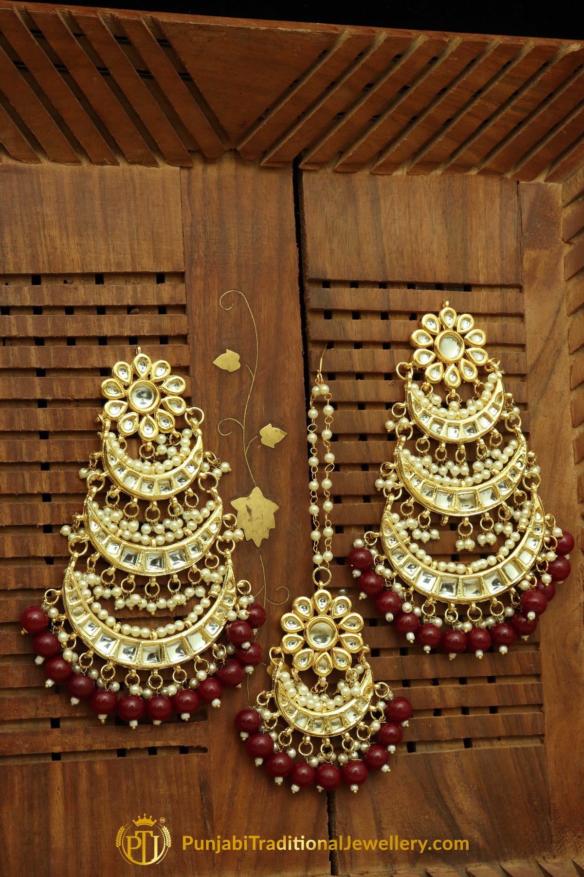 Rubby Kundan Earring Tikka Set By Punjabi Traditional Jewellery