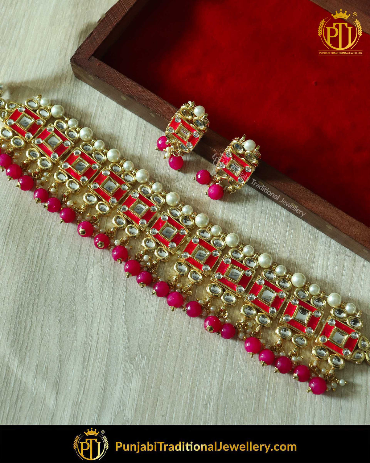 Hot Pink MeenaHand-Painted Kundan Choker Set | Punjabi Traditional Jewellery Exclusive