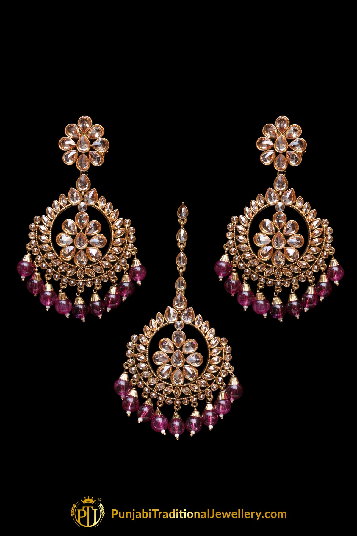 Pink Champagne Stone Earring Tikka Set By Punjabi Traditional Jewellery