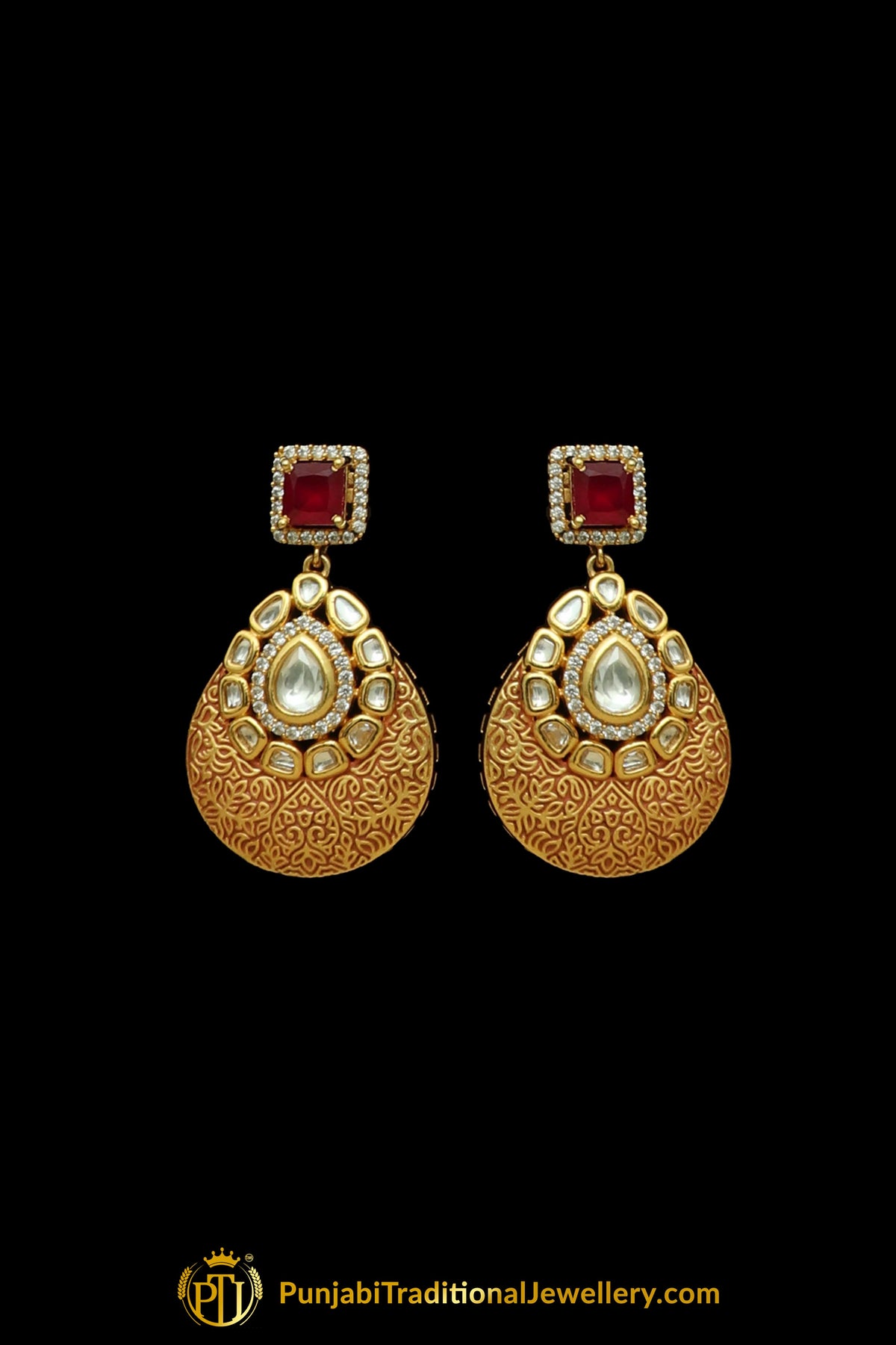 Red Kundan Antique Matt Gold Necklace Set By Punjabi Taditional Jewellery