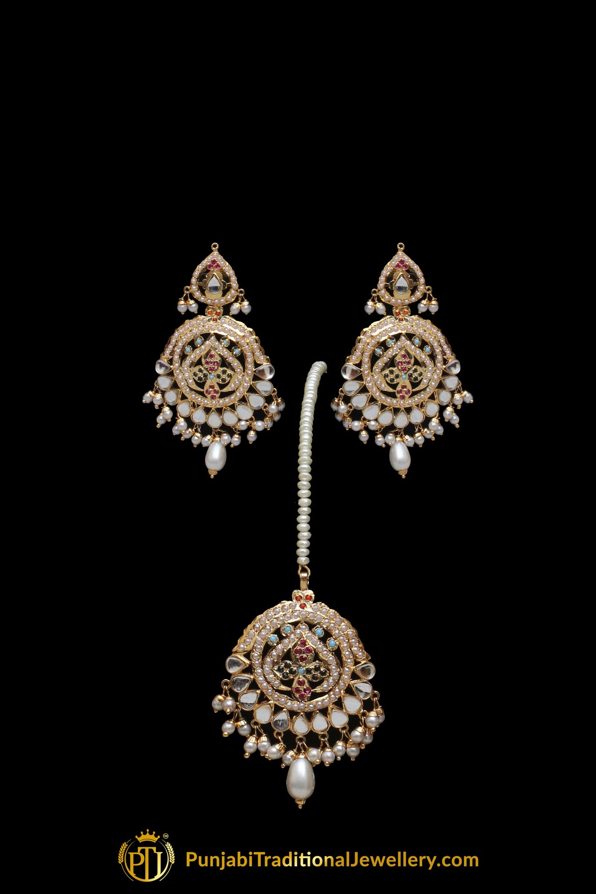 Red Jadau Pearl Kundan Necklace Set By Punjabi Taditional Jewellery