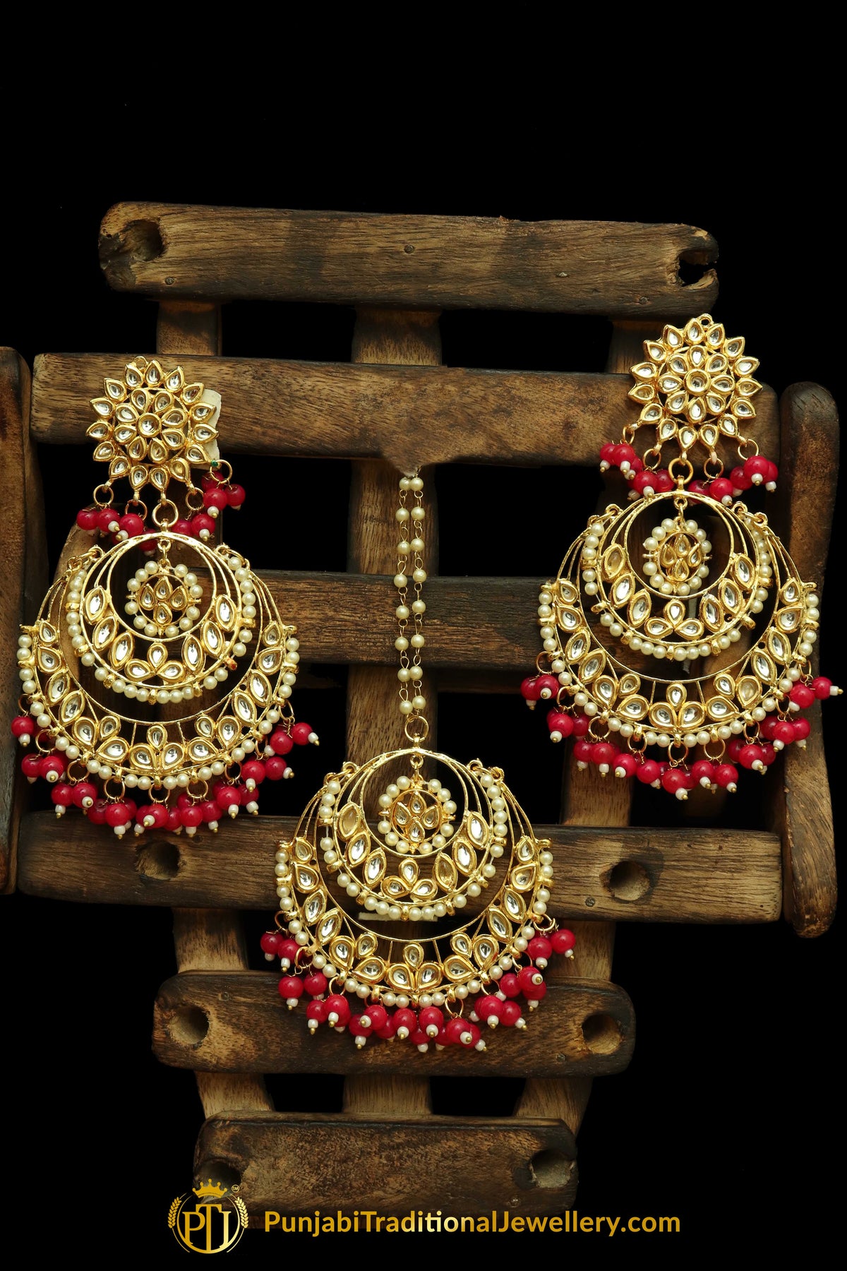 Rubby Kundan Earring Tikka Set By Punjabi Traditional Jewellery