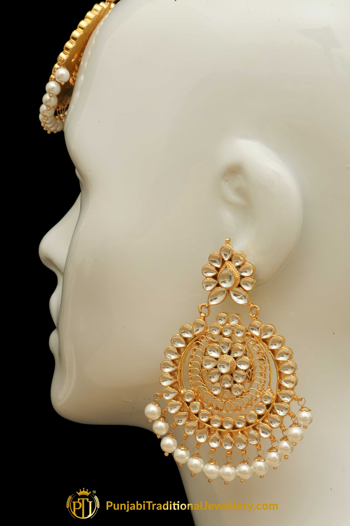 Golden Kundan Pearl Earring Tikka Set | Punjabi Traditional Jewellery Exclusive