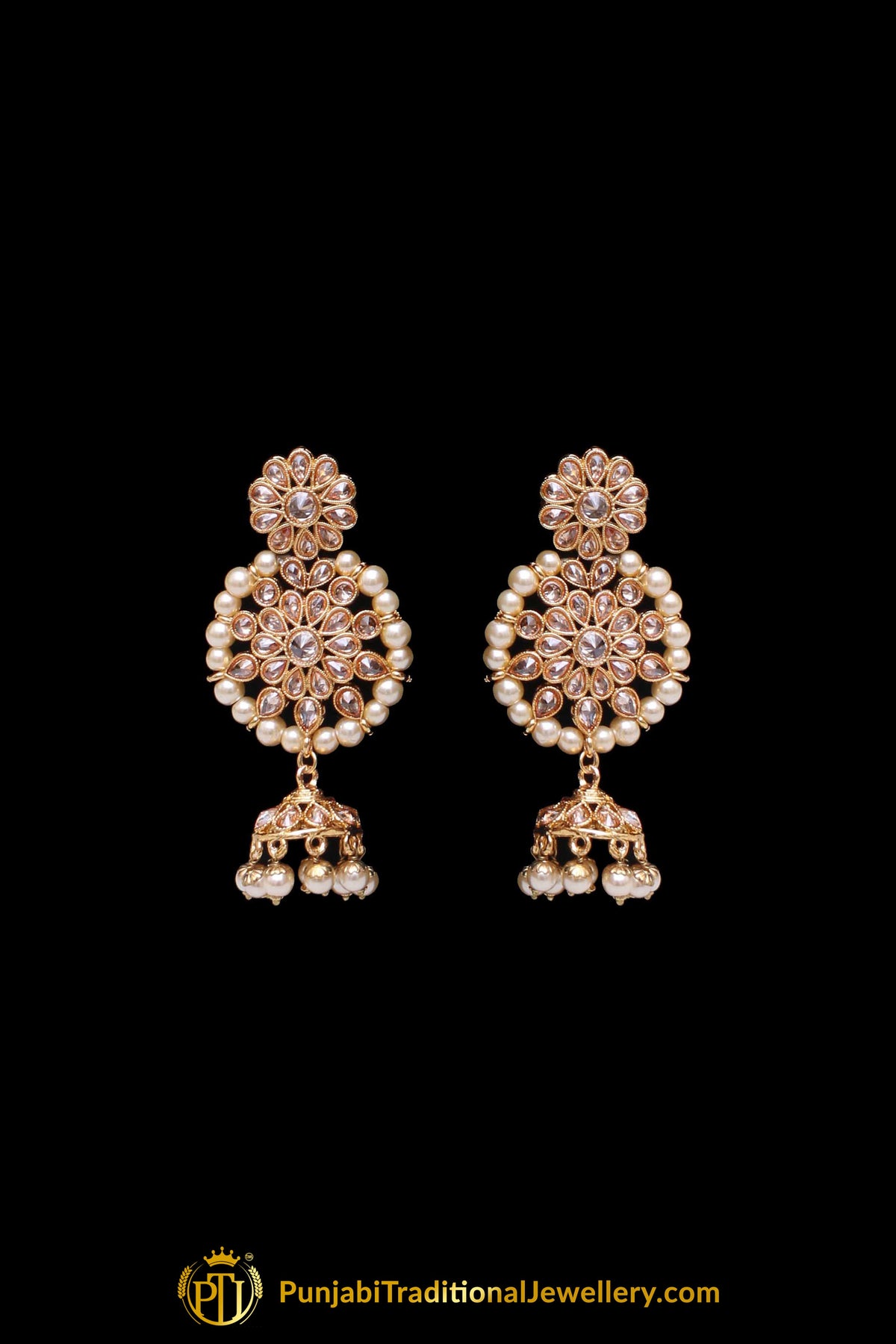 Pearl Champagne Stone Necklace Set By Punjabi Taditional Jewellery