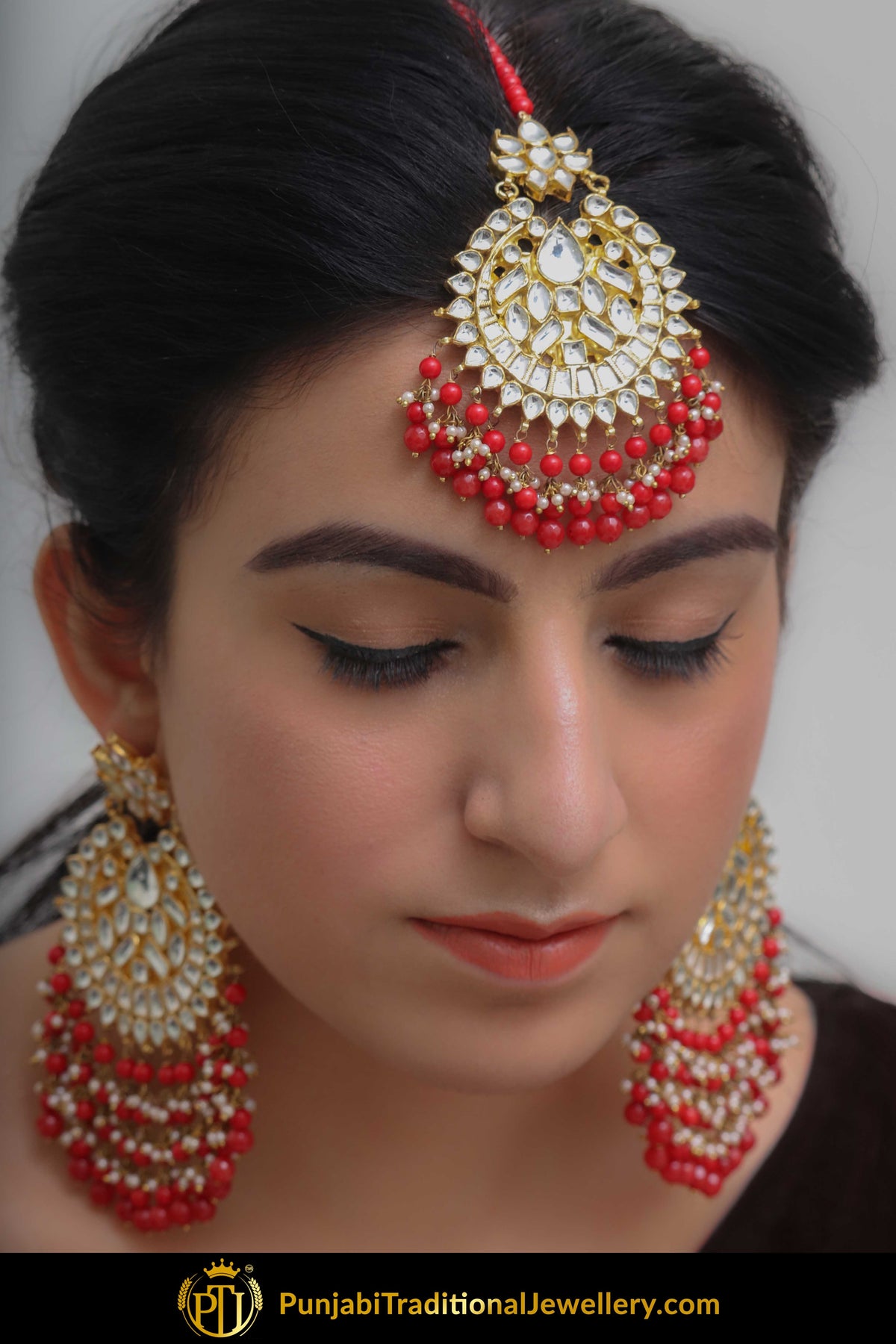 Anjum Red Kundan Earring Tikka Set | Punjabi Traditional Jewellery Exclusive