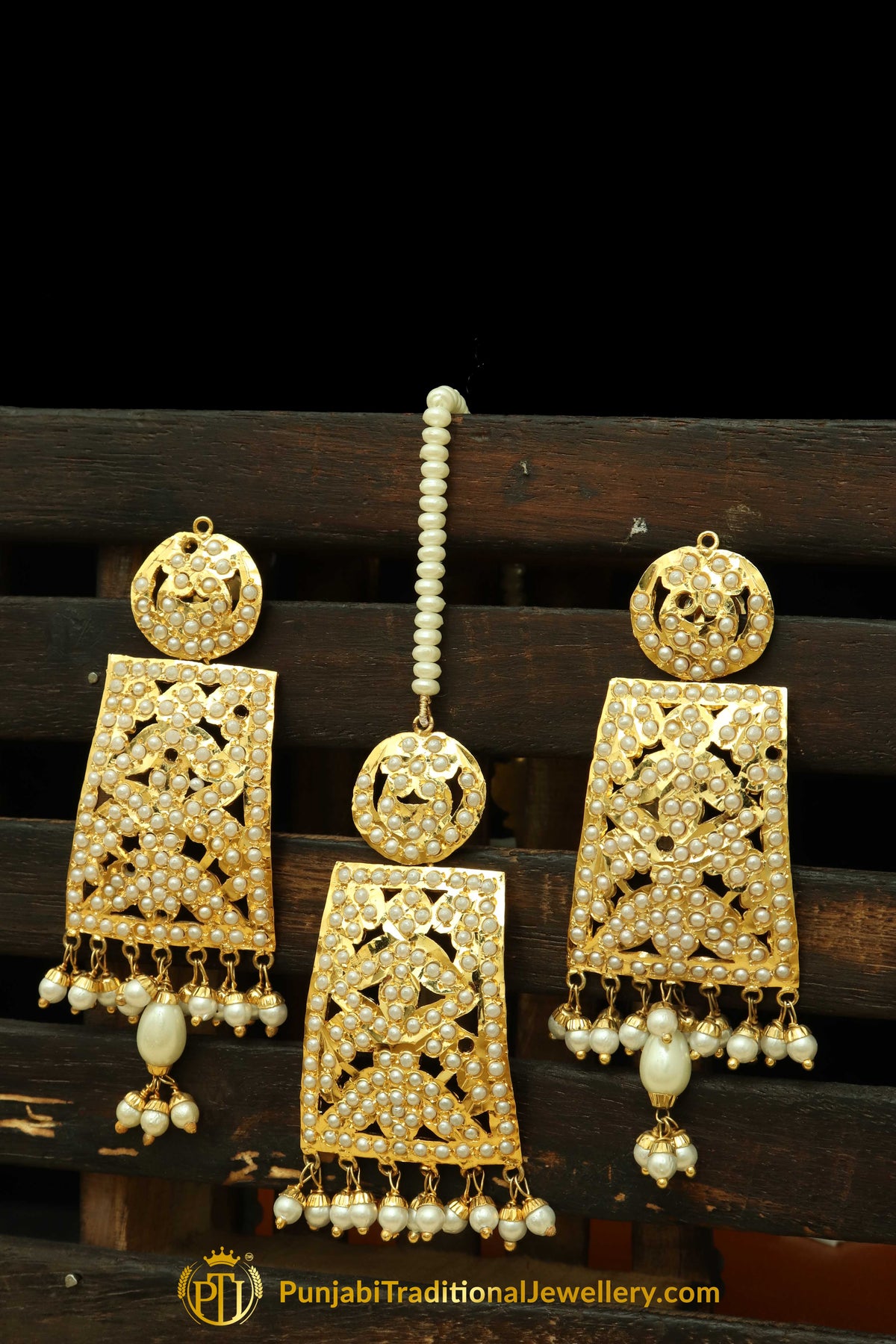 Golden Jadau Pearl Earring Tikka Set By Punjabi Traditional Jewellery