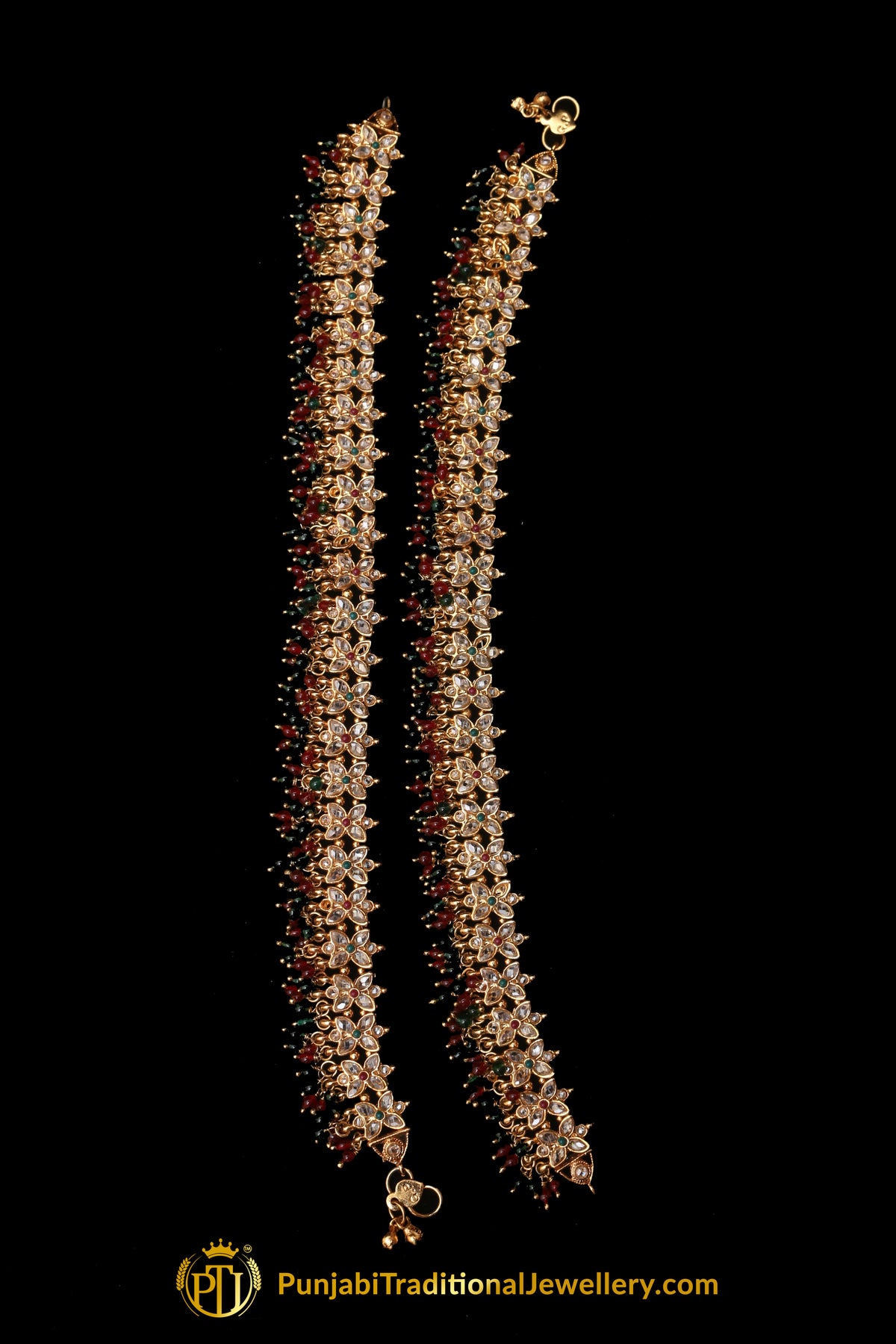 Red &  Green Antique Gold, Polki Payal By Punjabi Traditional Jewellery