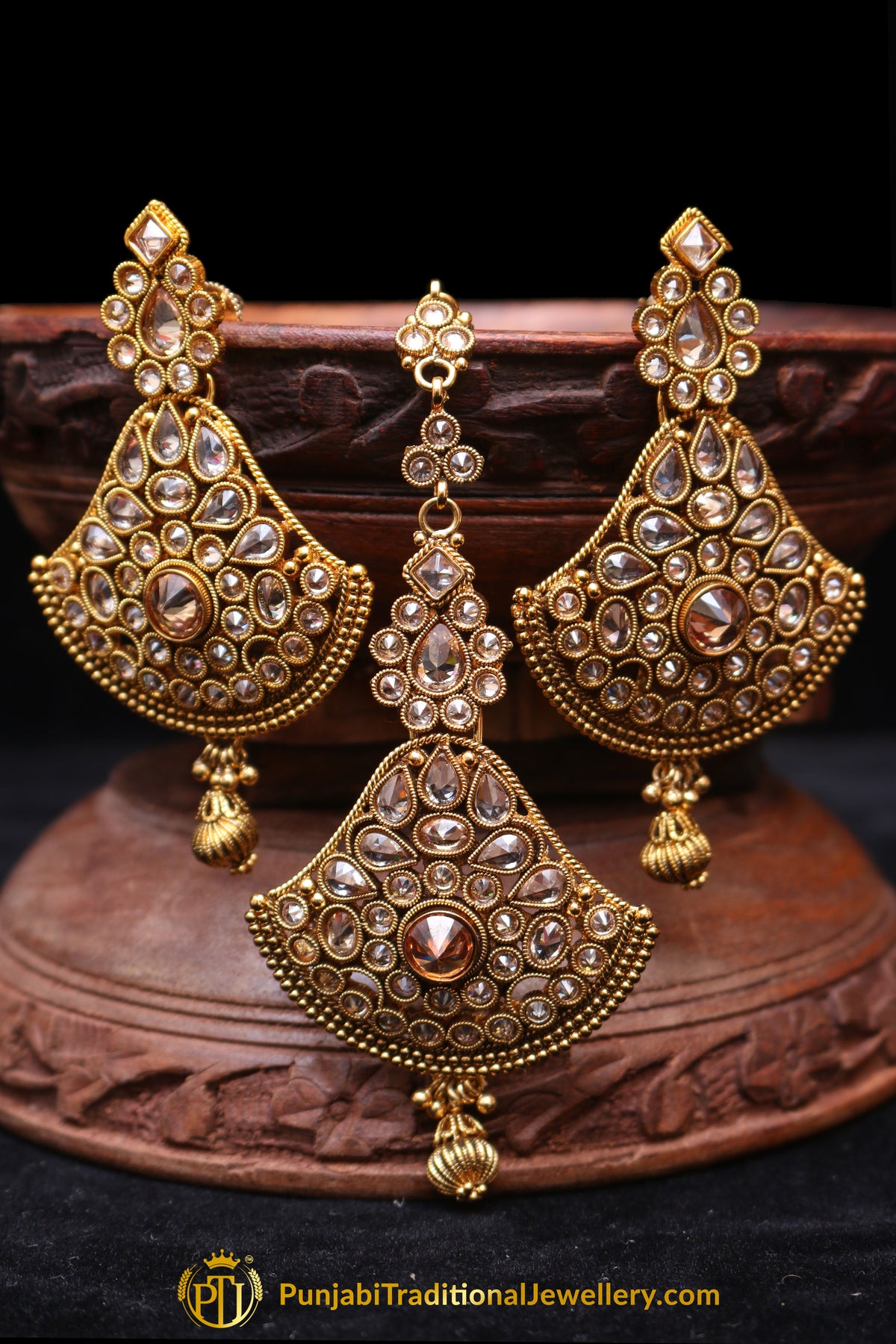 Golden Polki Earring Tikka Set By Punjabi Traditional Jewellery