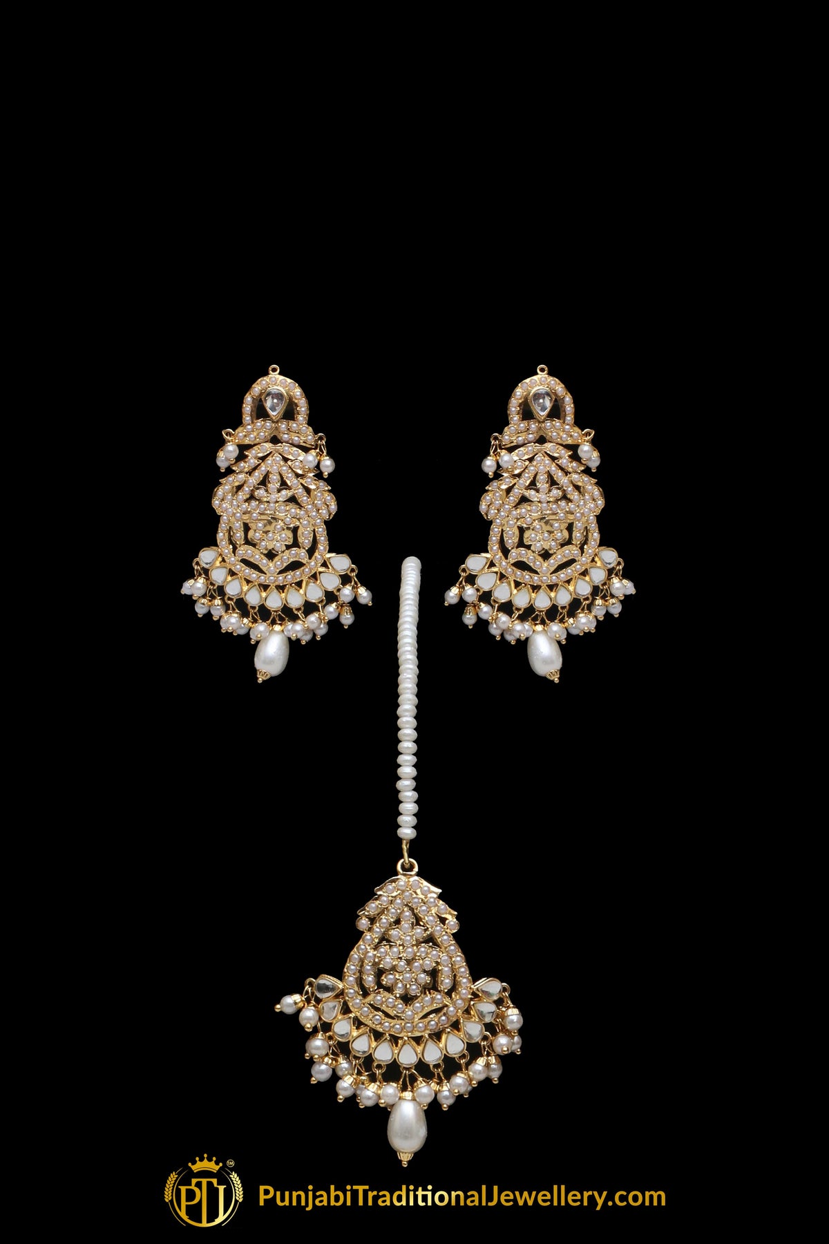 Golden Jadau Pearl Kundan Necklace Set By Punjabi Taditional Jewellery