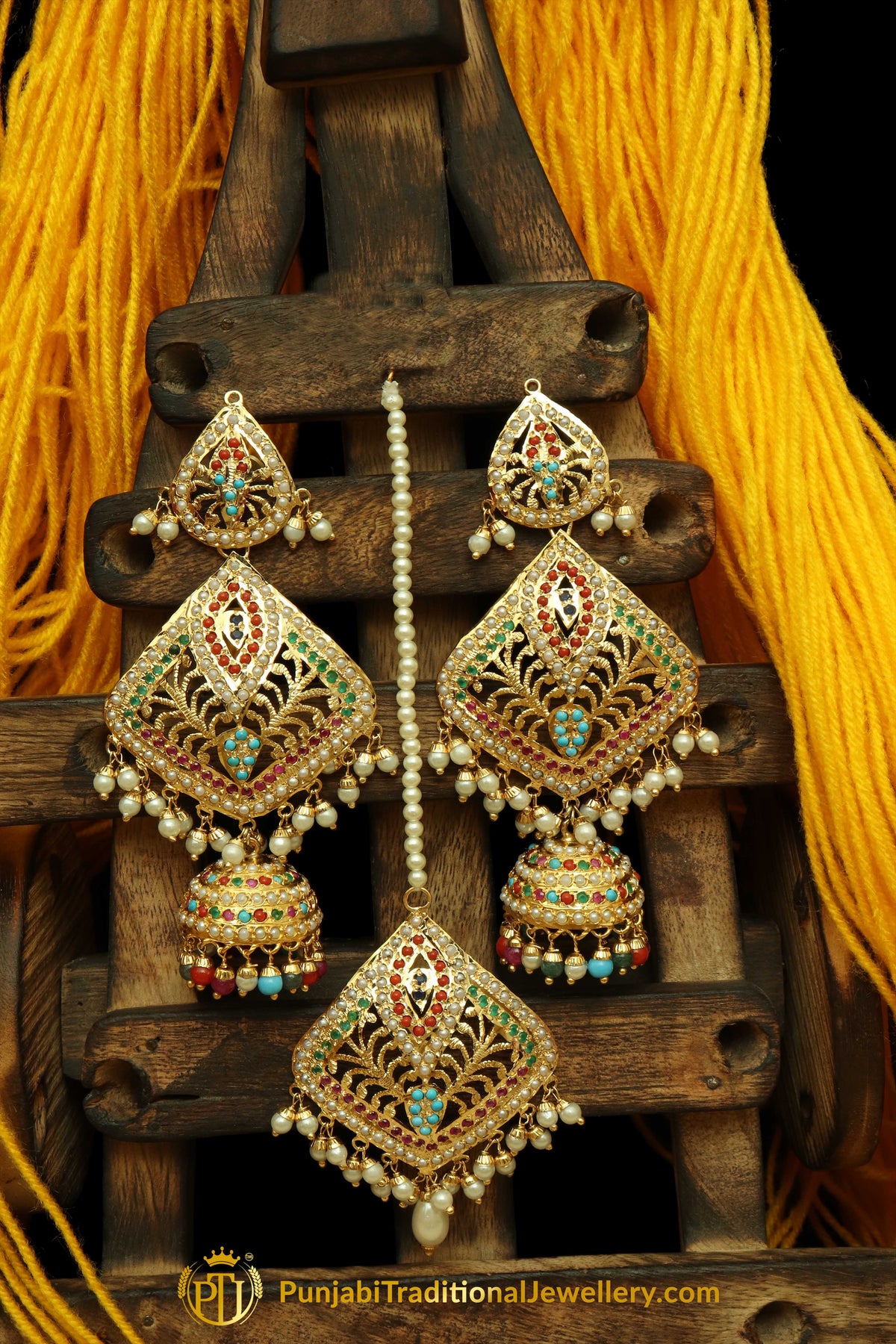 Multi Jadau Earrings Tikka Set By Punjabi Traditional Jewellery