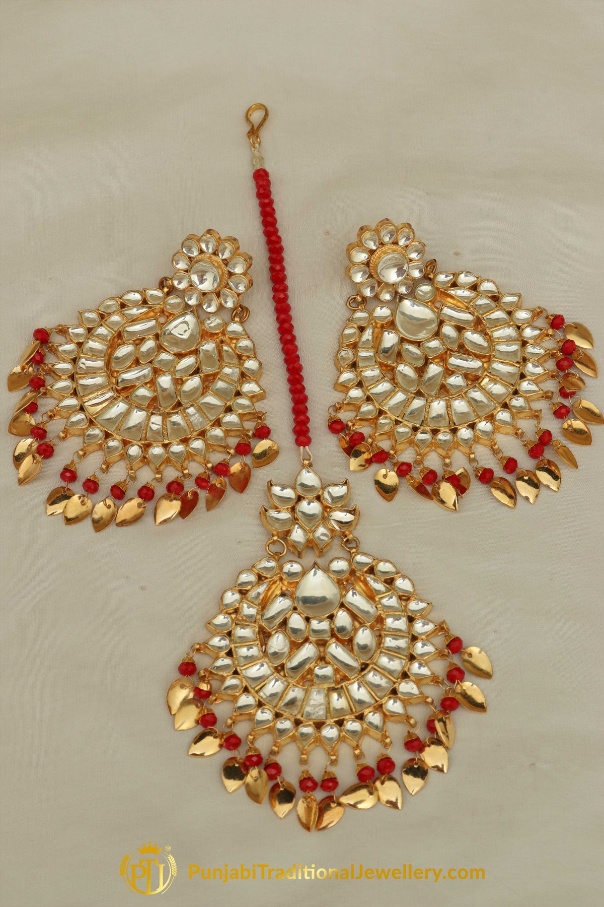 Bahar Red Kundan Pippal Patti Earring Tikka Set | Punjabi Traditional Jewellery Exclusive