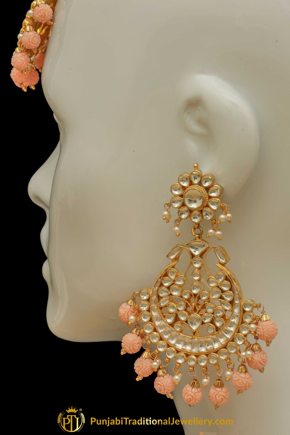 Hajjah Peach Kundan Earring Tikka Set | Punjabi Traditional Jewellery Exclusive