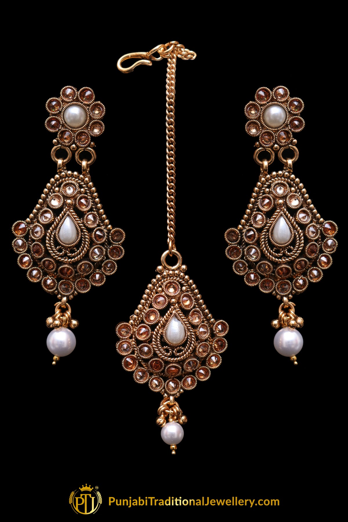 Champagne Stone  Pearl Antique Gold Earring Tikka Set By Punjabi Traditional Jewellery