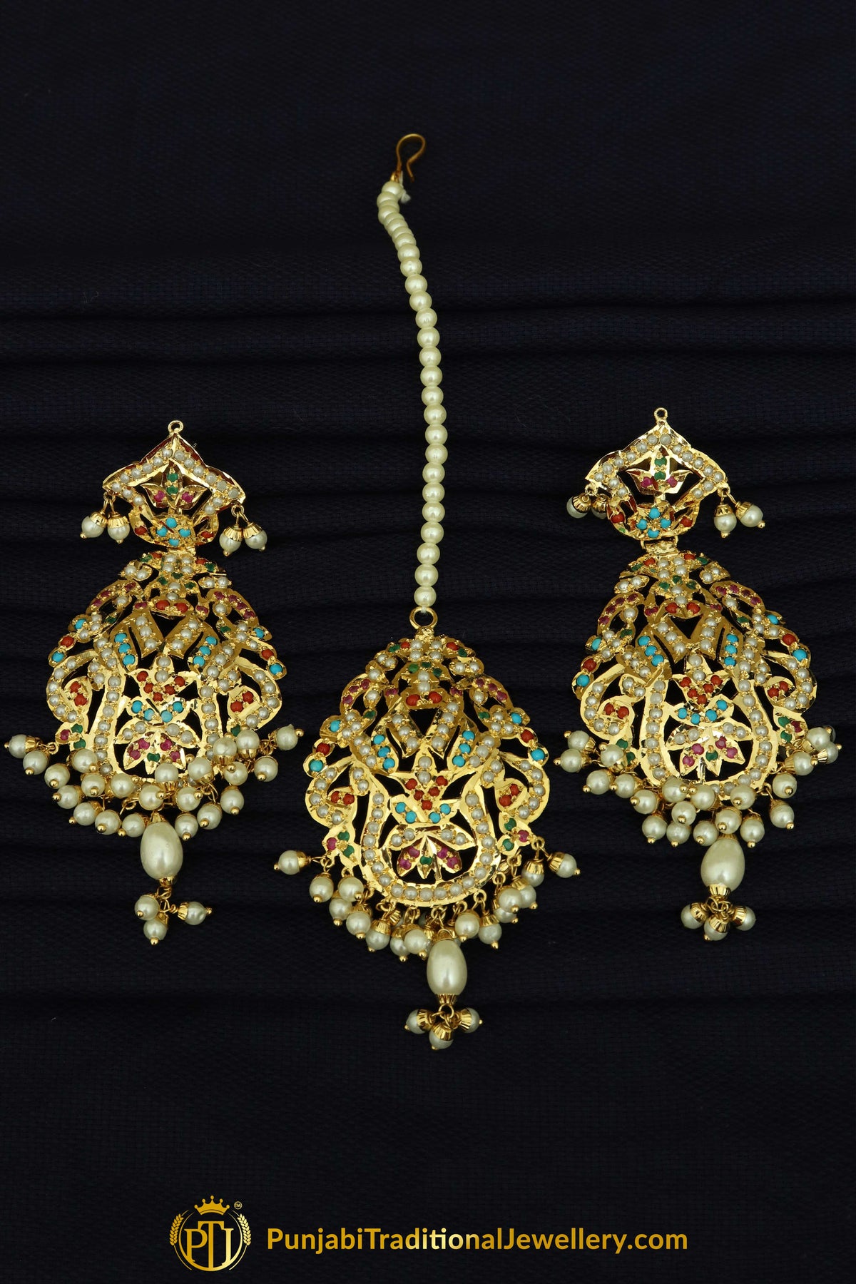 Gold Finished Navratan Jadau Earring Tikka Set By Punjabi Traditional Jewellery