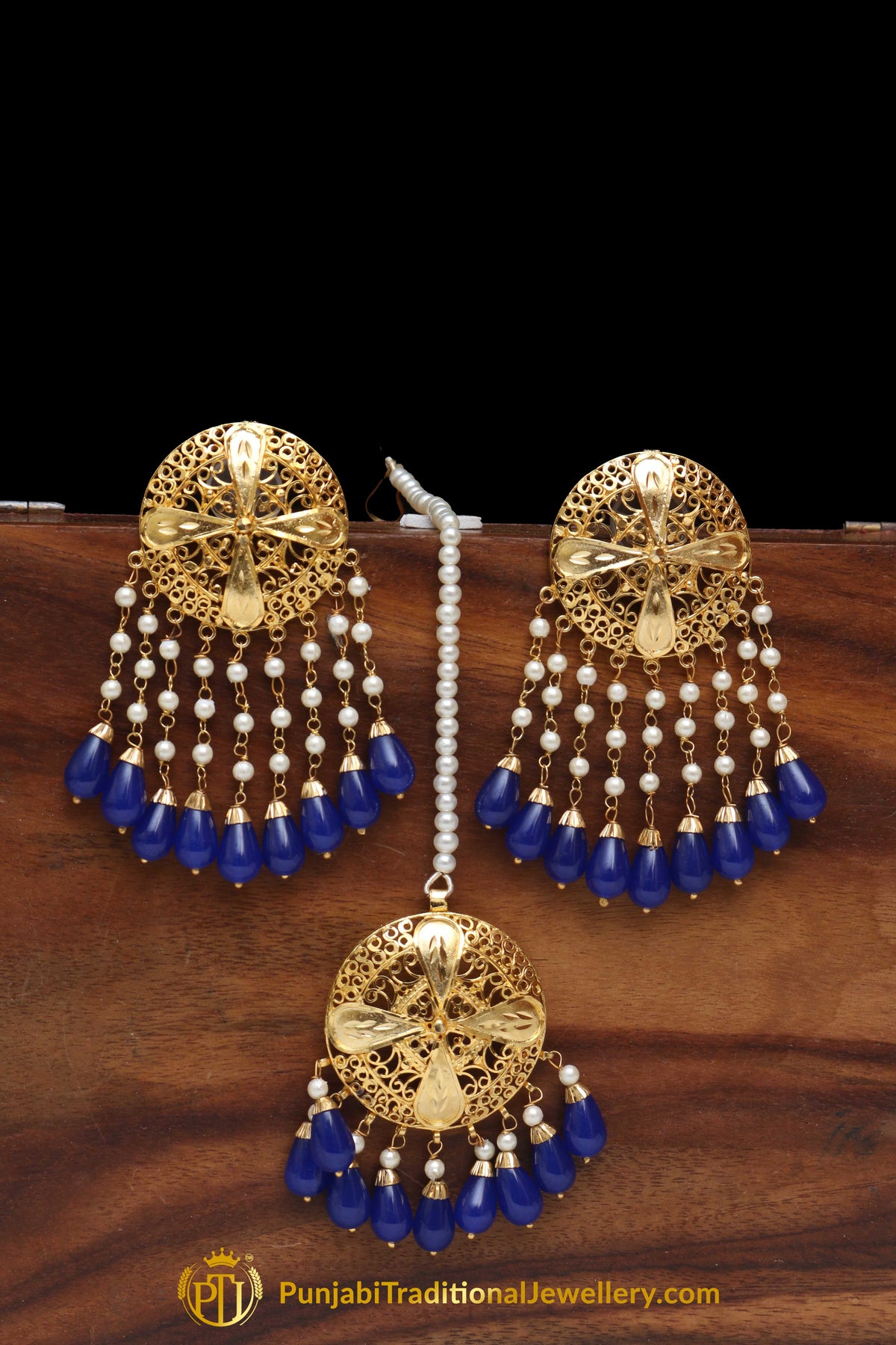 Blue Jhumar Earrings & Tikka Set By Punjabi Traditional Jewellery