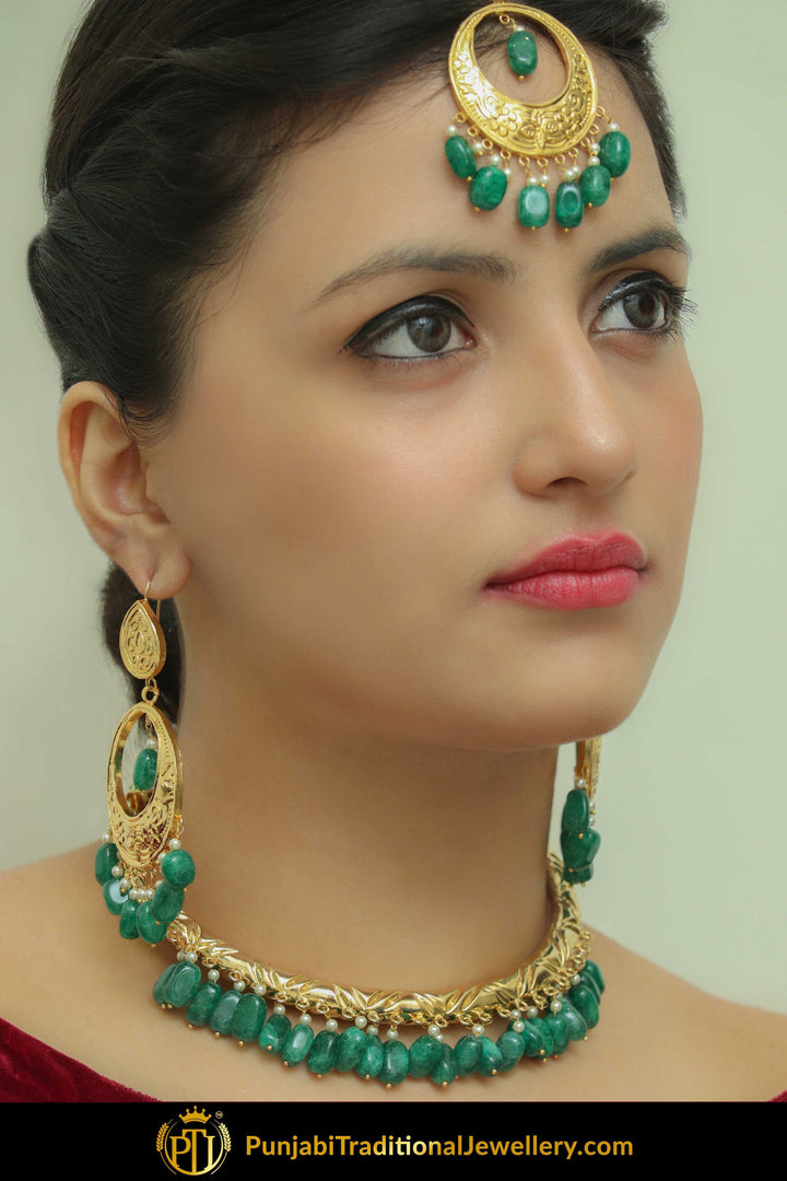 Hayat Gold Finished Emerald Hasli Necklace, Tikka & Earrings | Punjabi Traditional Jewellery Exclusive