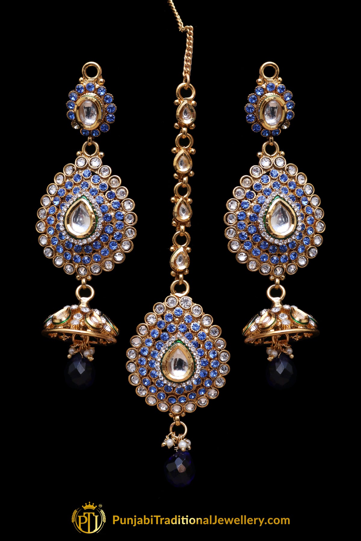Blue Polki Earring Tikka Set By Punjabi Traditional Jewellery