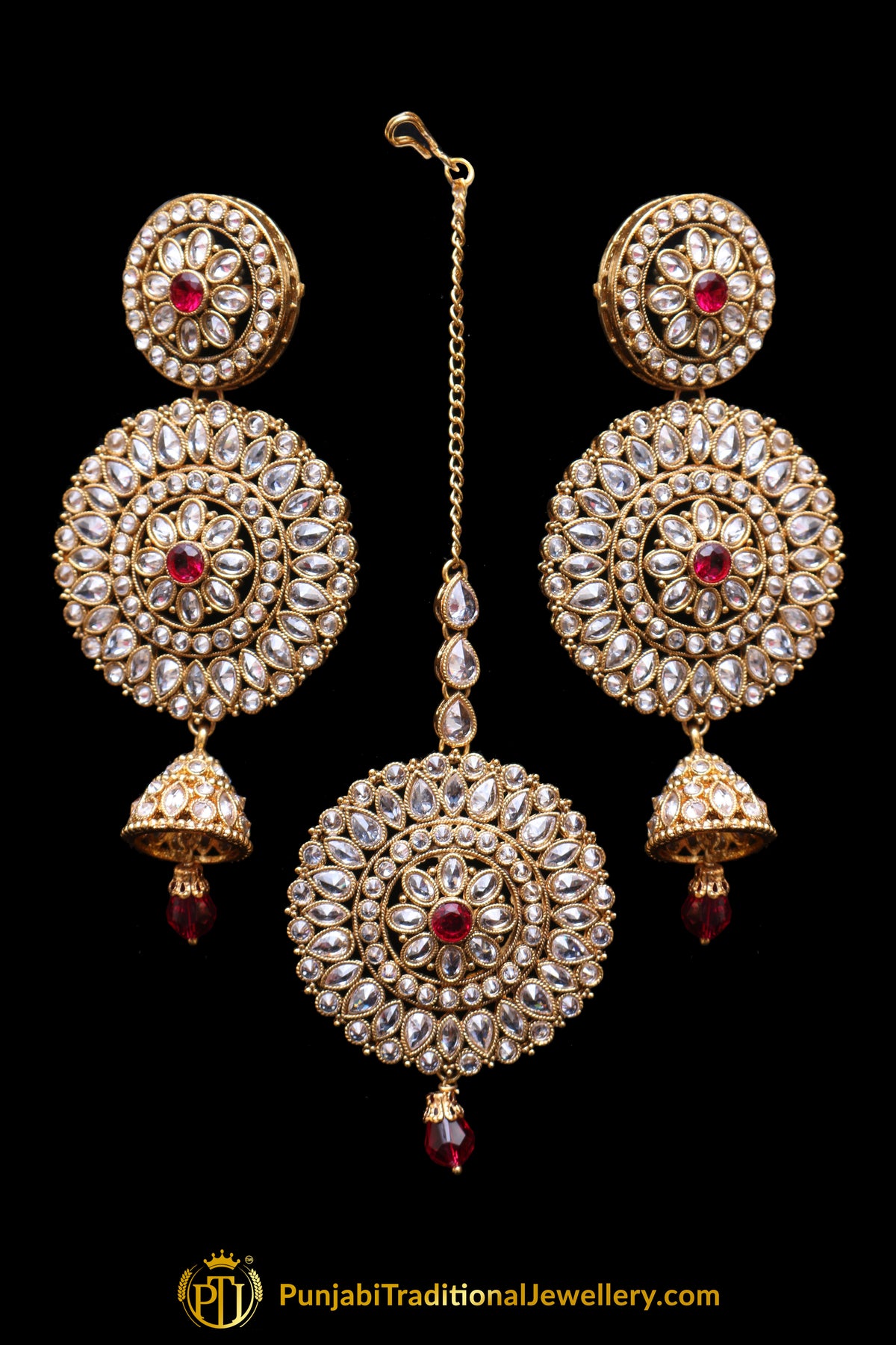 Red Polki Earring Tikka Set By Punjabi Traditional Jewellery