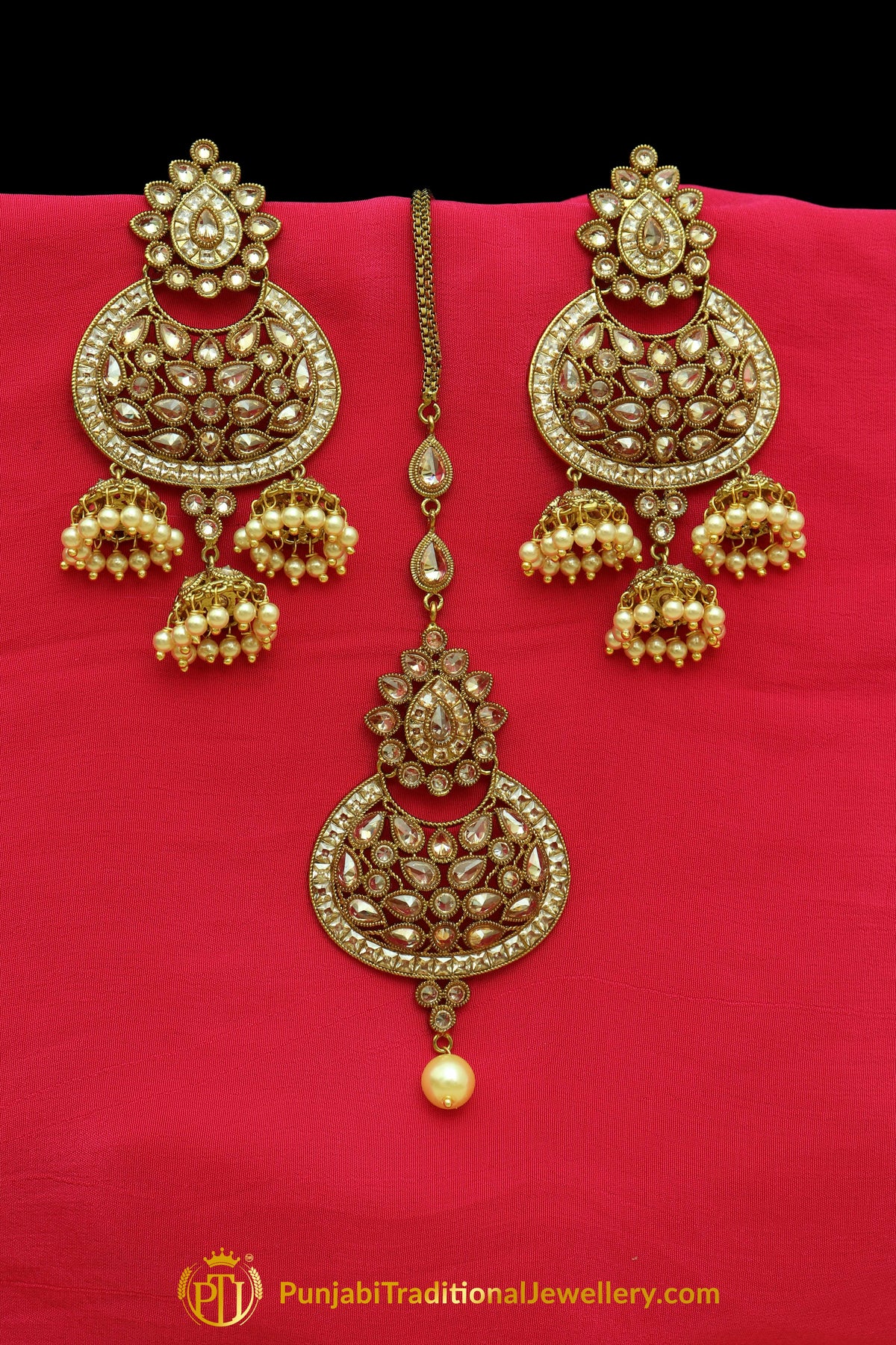 Golden Polki Pearl Earrings Tikka Set By Punjabi Traditional Jewellery